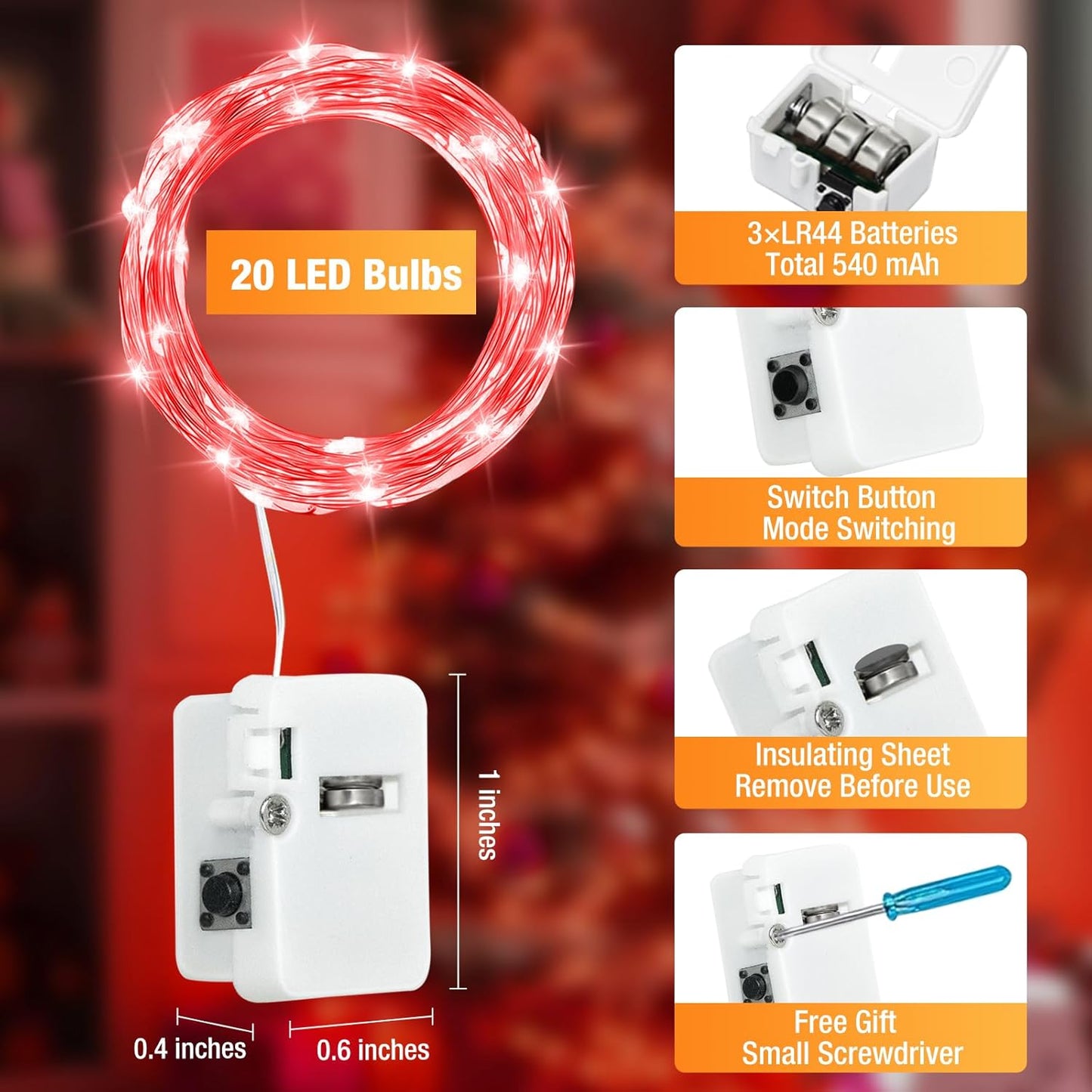 Skiennix 12 Pack Fairy Lights - 7ft Battery Operated 20 LED Twinkle Lights | Waterproof Mini String Lights for DIY Party & Wedding Decor - Red