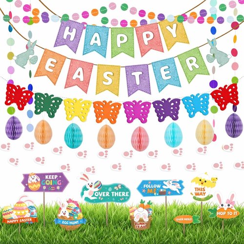 AhfuLife Easter Decorations Set, Happy Easter Bunny Paper Banner, Easter Egg Hunt Signs Clues with Sticks and Bunny Feet, Reusable Bunting for Home Garden Indoor Outdoor Party Game Decorations