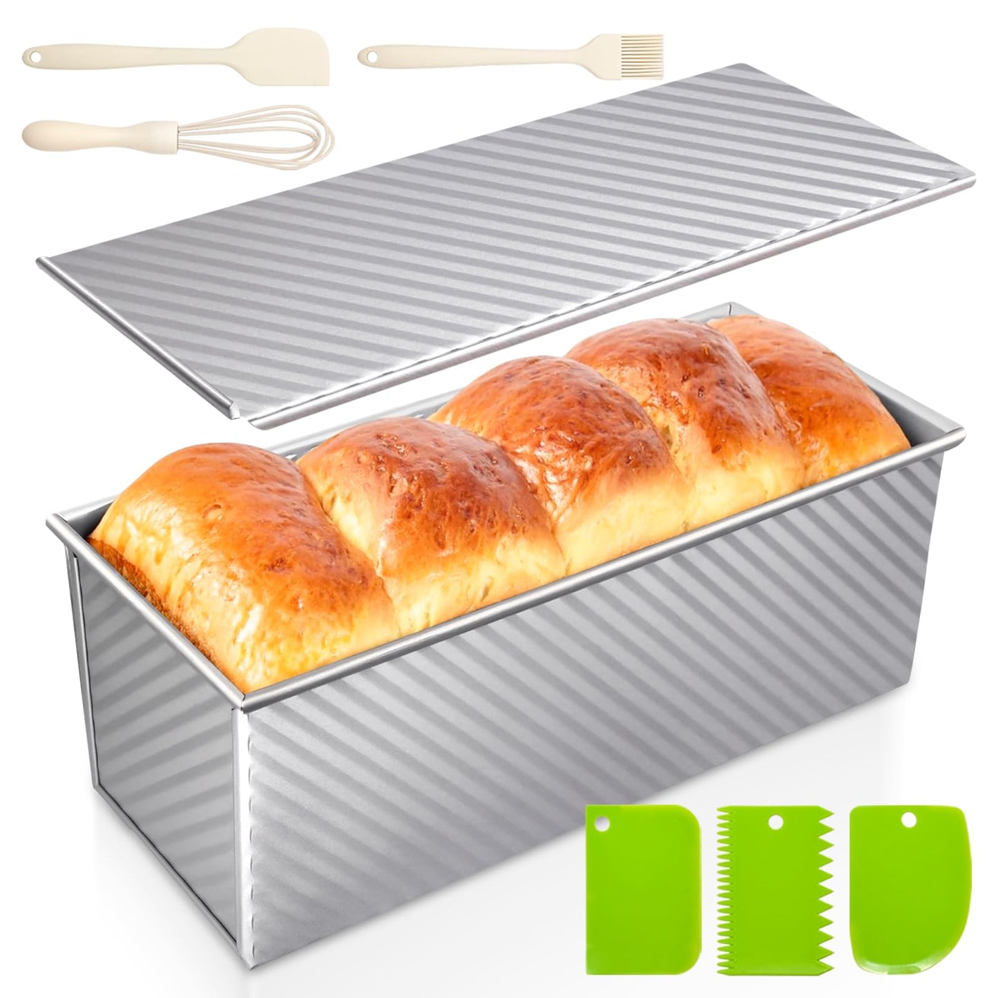Dipanist 2.2lb Pullman Loaf Pan with Lid, Nonstick Carbon Steel Square Bread Pan for Baking Shokupan, Sandwich, Pain de Mie & Sourdough – Includes 6 Bonus Tools
