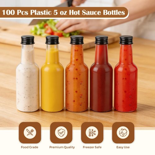 Flojudo 100 Pcs 5 oz Plastic Hot Sauce Bottles, Clear Plastic Woozy Bottles with Leakproof Black Screw Caps, Empty Mini Bottle for Sauce, Syrup, Juice, Liquor
