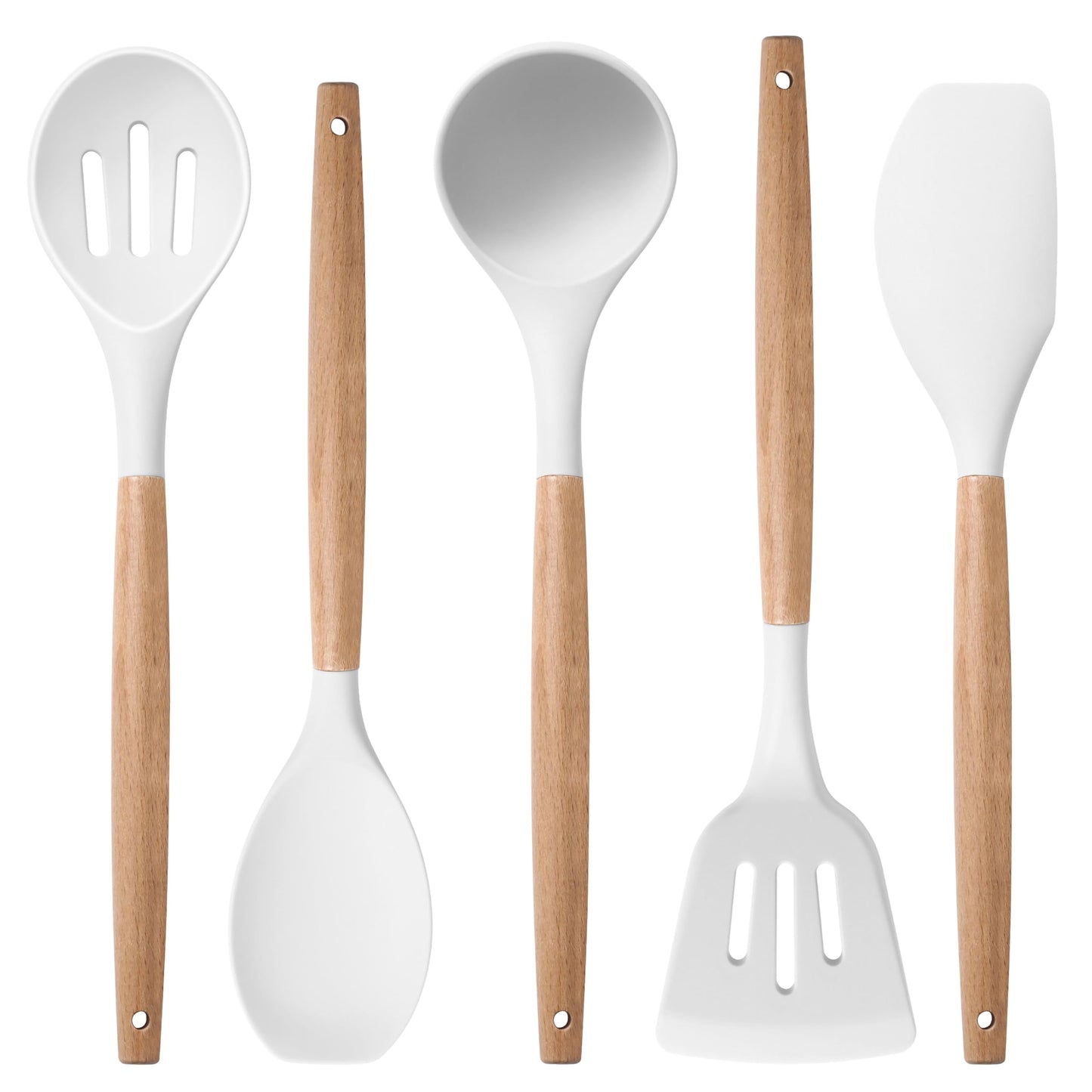 Herogo 8 Pcs Non-Stick Silicone Cooking Utensils Set with Wooden Handle, Heat Resistant Food-Grade Kitchen Utensils Set, Includes Spatula Spoon Turner Server Whisk Ladle for Baking, Cooking (White)