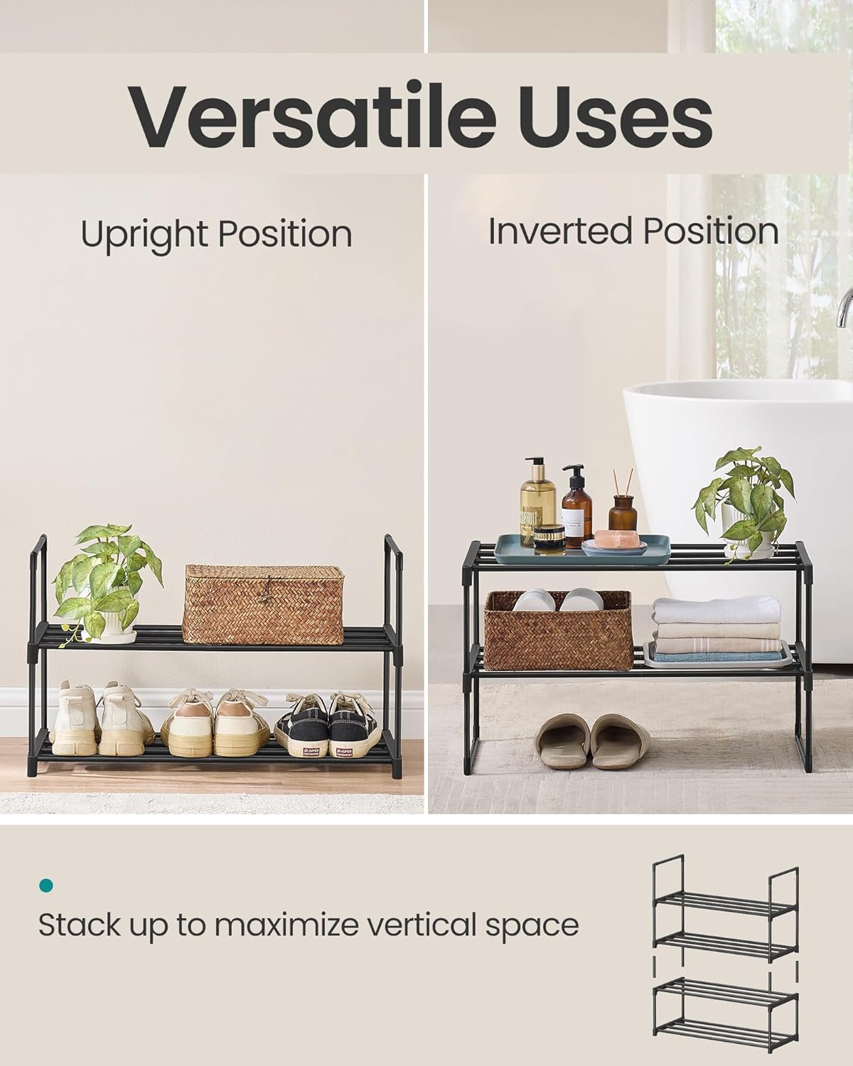 SONGMICS 2-Tier Shoe Rack - Stackable Metal Organizer for 6-9 Pairs | Entryway Storage, Black 11.8 x 26.8 x 14.6 Inches