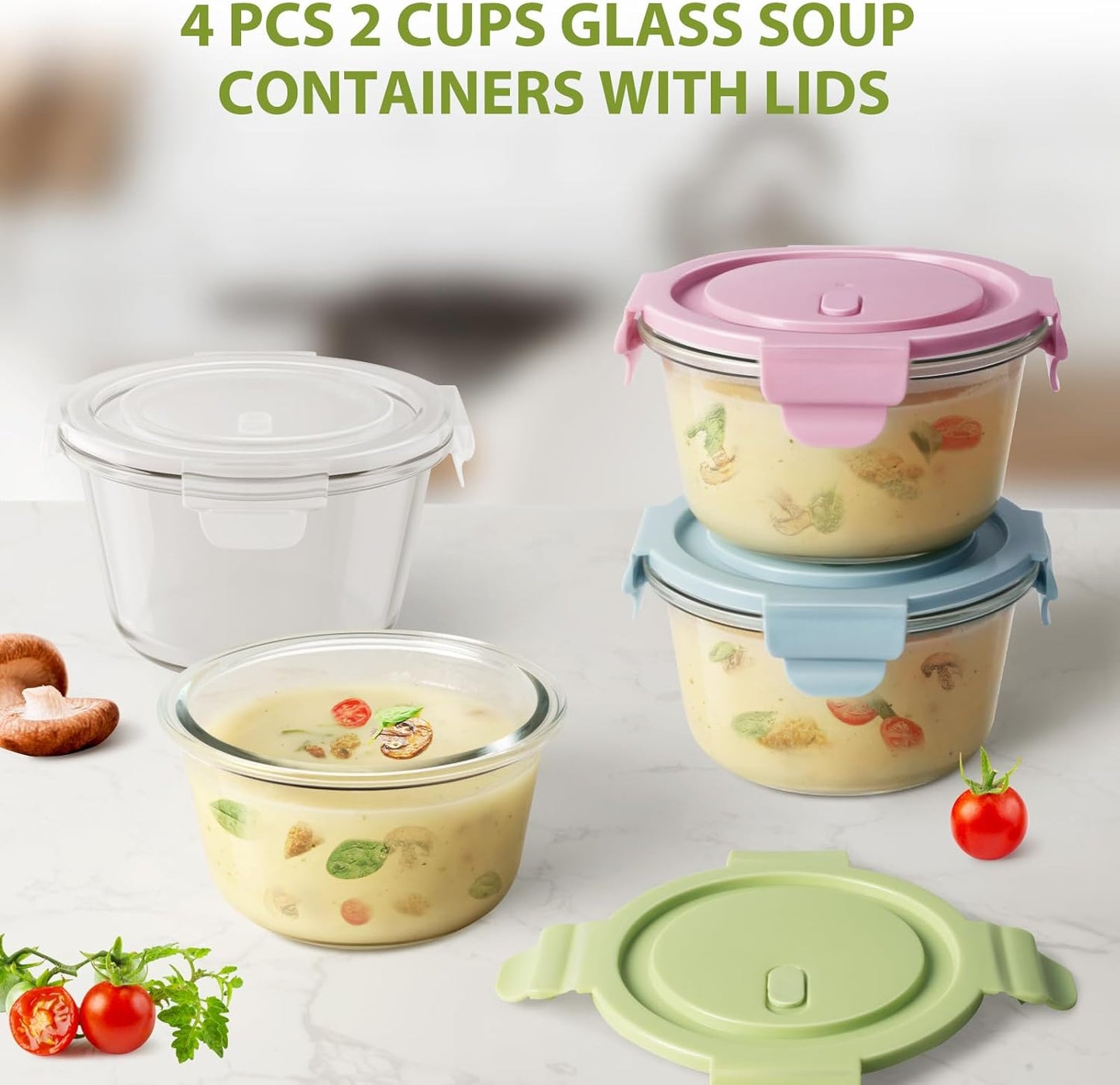 Skiennix 16oz Glass Meal Prep Containers - Airtight BPA-Free Borosilicate Glass | 4-Pack for Leftovers