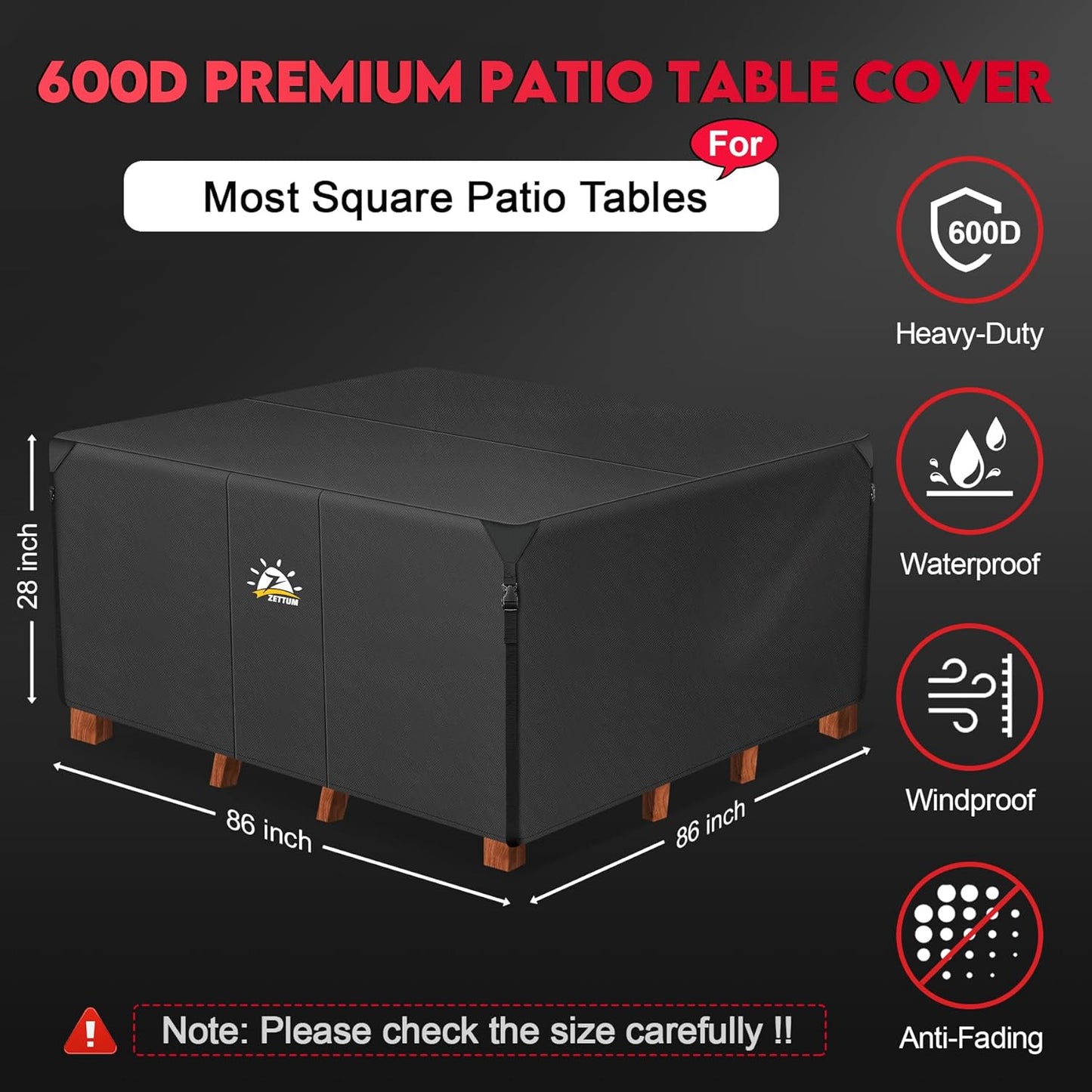 Zettum Patio Furniture Cover - Heavy Duty Waterproof 600D Square Cover for 86-Inch Outdoor Dining Set