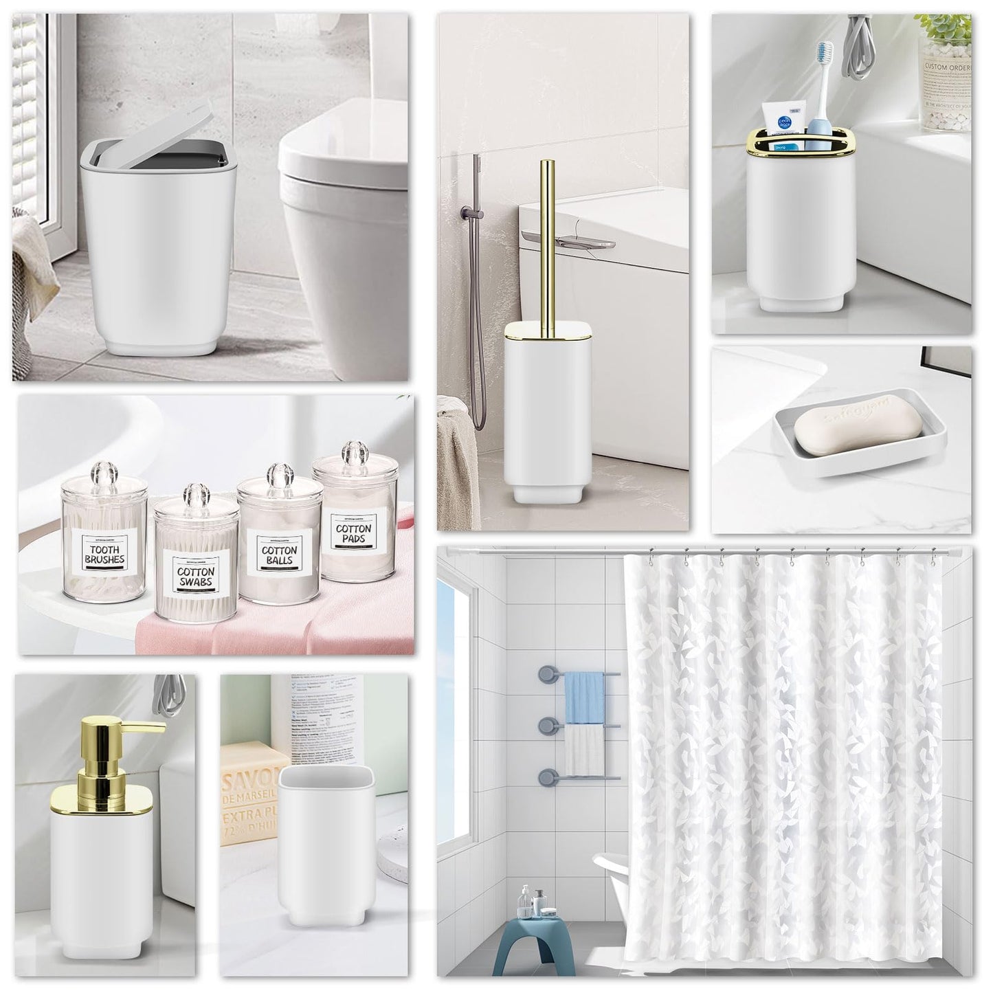 IMAVO White Bathroom Accessories Set,11Piece Bathroom Accessory Gift Set,Tray,Trash Can,Toothbrush Holder,Toothbrush Cup,Soap Dispenser,Soap Dish,Toilet Brush and Qtip Holders