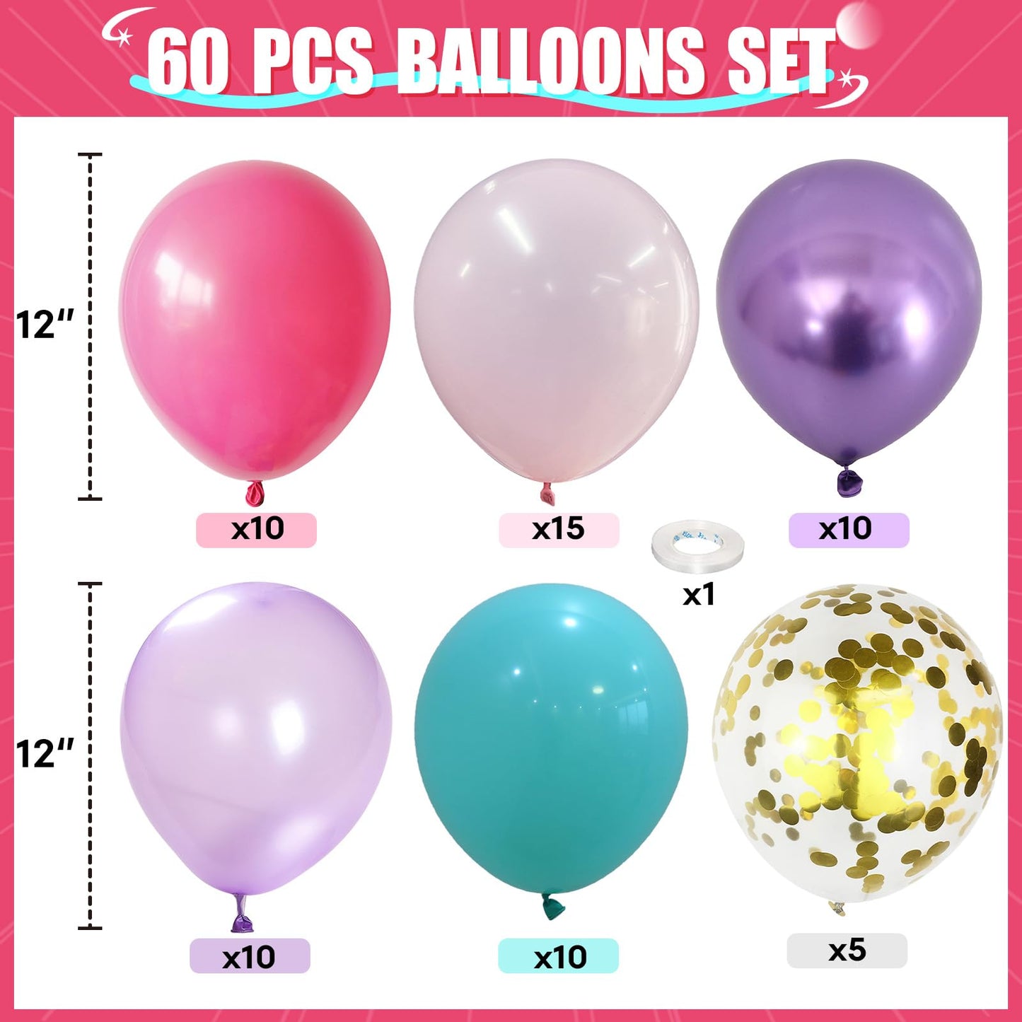 HILAVO Pink and Purple Balloons, 60PCS 12Inch Purple Pink Teal Blue Balloons and Gold Birthday Balloon for Girls Princess Birthday Mermaid Baby Shower Party Decorations
