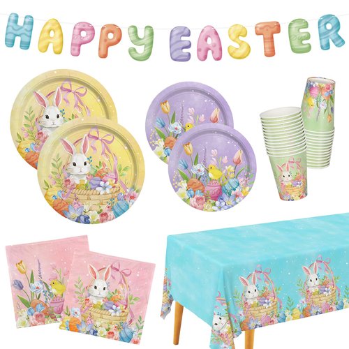 Gatherfun Happy Easter Supplies Kit for 25 Guests - Easter Bunny Decorations, Includes Dinner & Dessert Plates, Napkins, Cups, Banner and Tablecloth in Pink, Purple