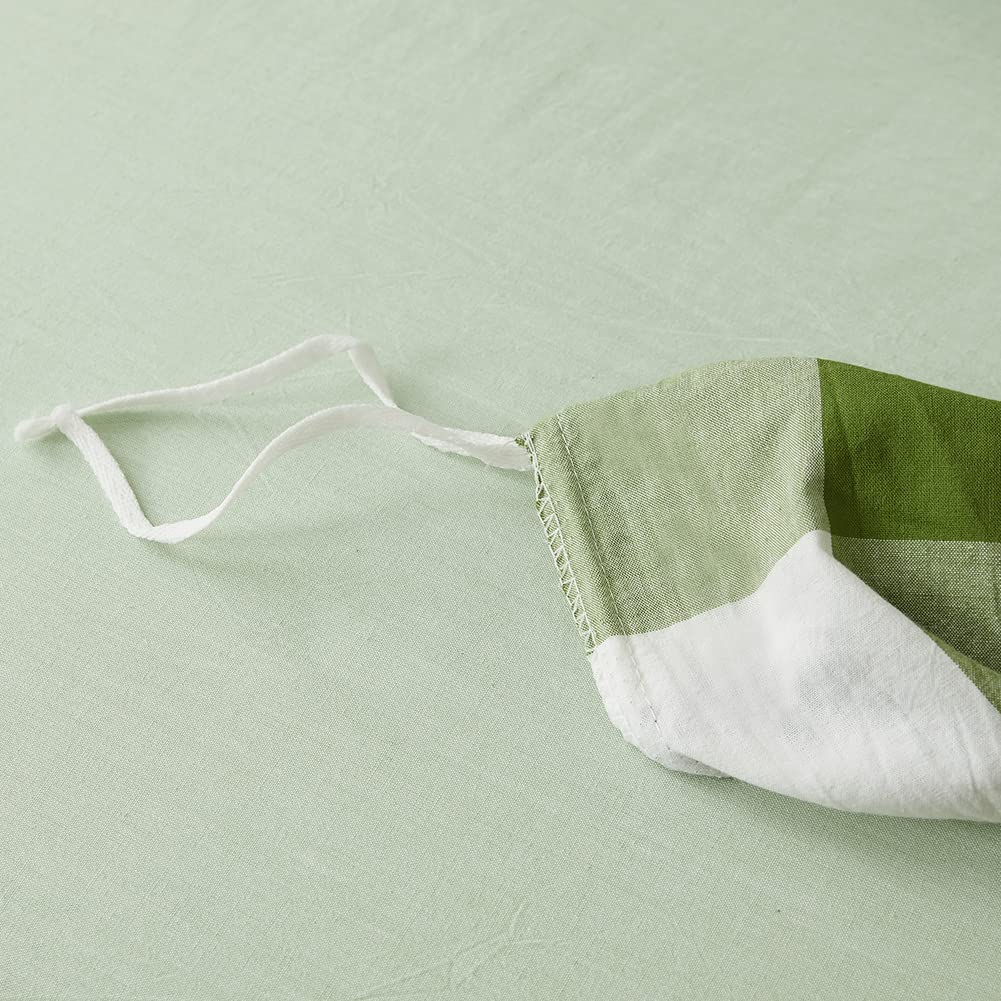 DONEUS 100% Washed Cotton Duvet Cover Set Super Soft Breathable Comfy Natural Linen Like Textured Bedding Set 3 Pieces with Zipper Closure (Green White Plaid, Queen)
