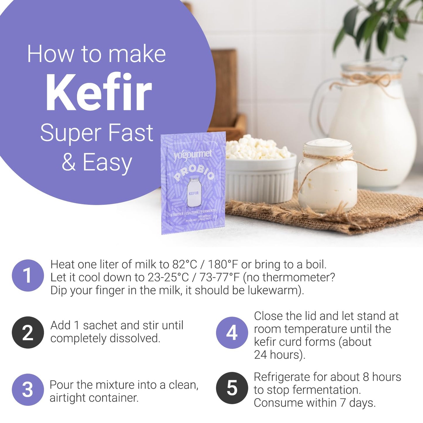 Yogourmet Kefir Starter with Probiotics (12 Sachets = 12 Quarts of Kefir) - Make Kefir at Home - Starter Culture - All Natural, Gluten Free, Kosher, Halal - 3 g Sachets