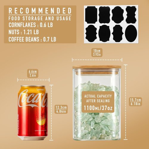 D2scrma Airtight Glass Storage Canisters - Set of 4 Square Jars with Bamboo Lids | 37oz for Pantry Organization