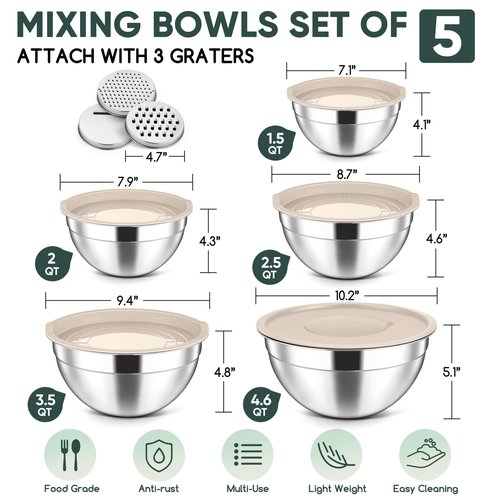 Herogo 5-Piece Mixing Bowls with Lids, 3 Grater Attachments, Stainless Steel Salad Bowls for Kitchen, Size 4.6, 3.5, 2.5, 2, 1.5QT Ideal for Baking, Prepping, Mixing and Serving, Khaki
