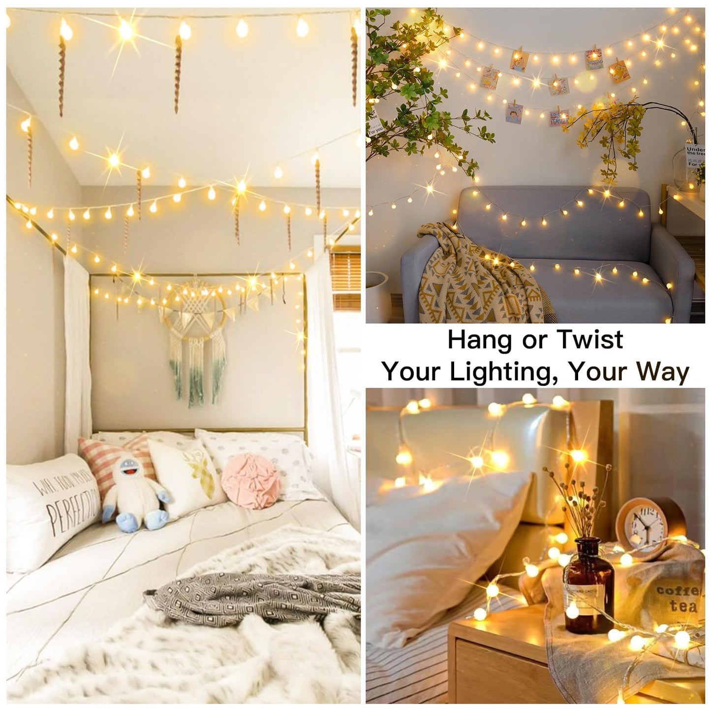 suddus Globe String Lights Bedroom, 50 Led Fairy Lights Plug in, Indoor String Lights for Classroom, Christmas, Backyard, Patio, Garden, Party, Bedroom, Living Room,Wall, Warm White