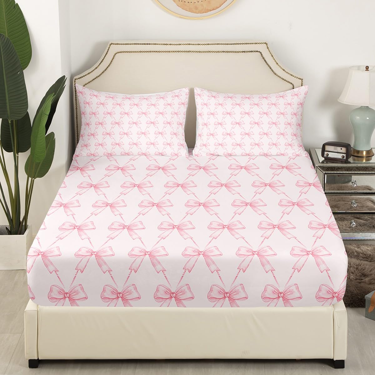 jejeloiu Bow Sheet Set King Size Pink Girls Bow Bed Sheets Set Boys Girls Cute Bowknot Sheets with Deep Pocket Fitted Sheet for Kids Women Men Kawaii Bedding Set