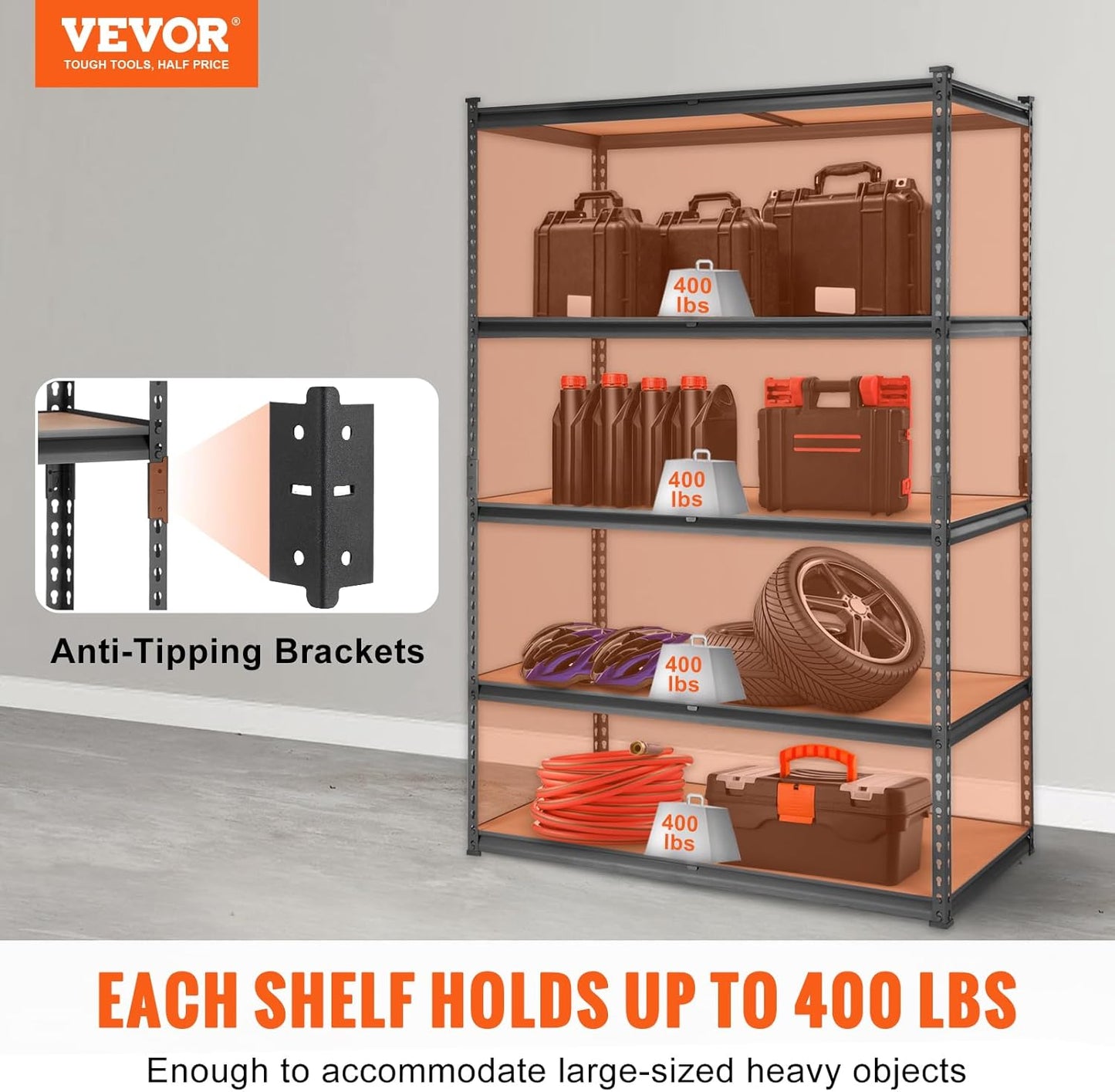 VEVOR 5-Tier Adjustable Storage Shelving Unit - Heavy Duty Metal Shelves for Garage, Kitchen & More | 48" L x 24" W x 72" H