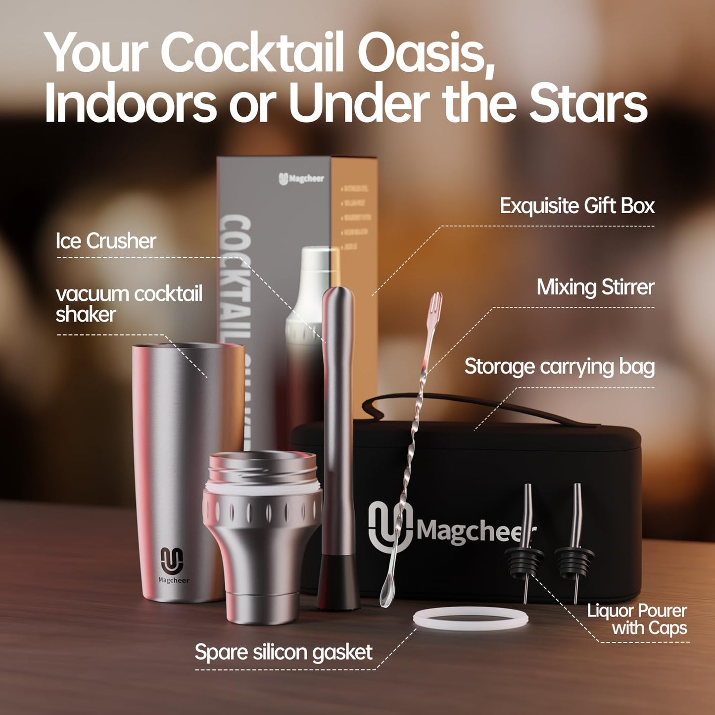Magcheer Hybrid Cocktail Shaker Set | Vacuum Insulated Stainless Steel Martini Shaker with Strainer & Jigger Lid | Travel cocktail kit with Bartender Accessory Tools | 30oz | Silver