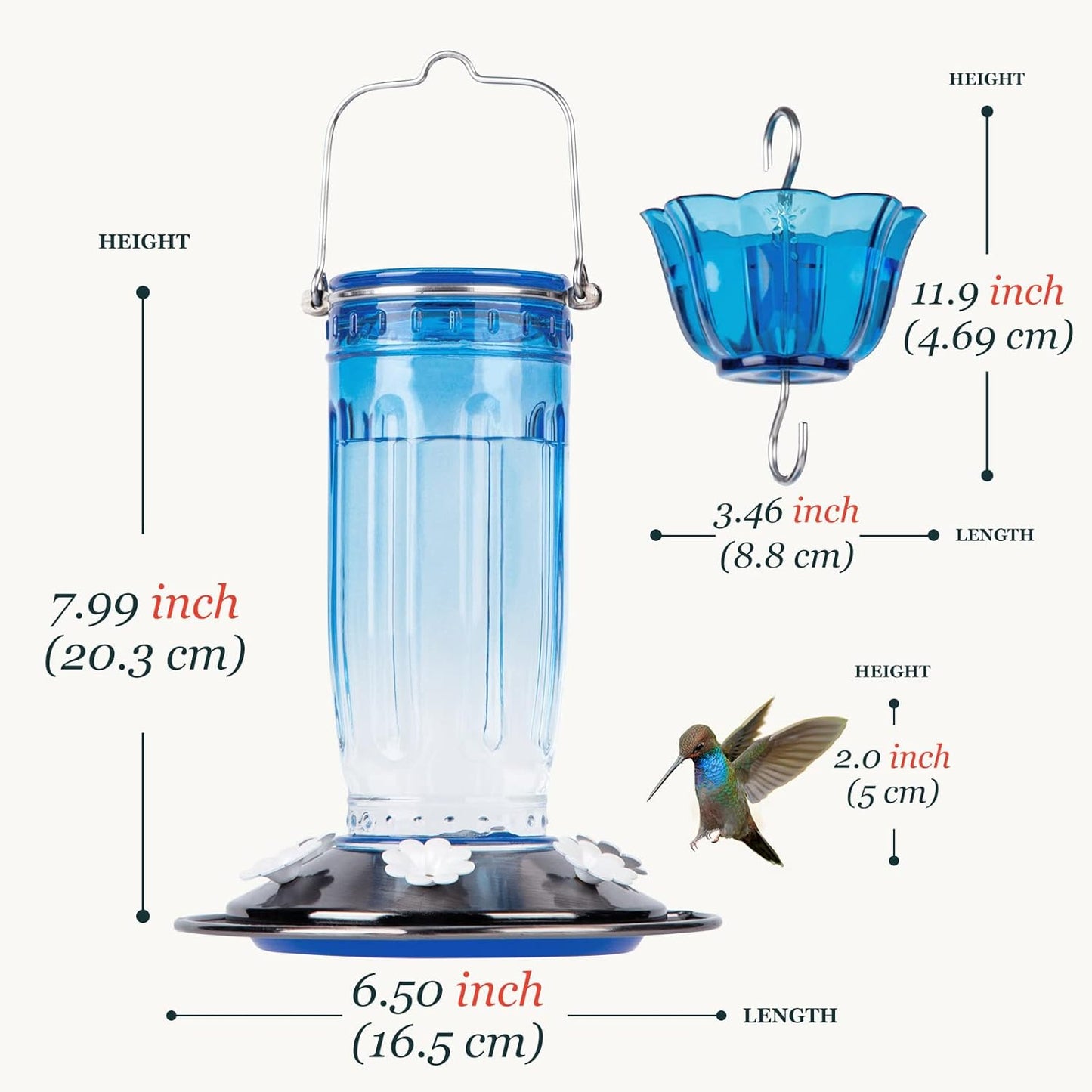 Kingsyard Glass Hummingbird Feeder - 6 Feeding Ports for Outdoor Gardens | Blue with Ant Moat Included