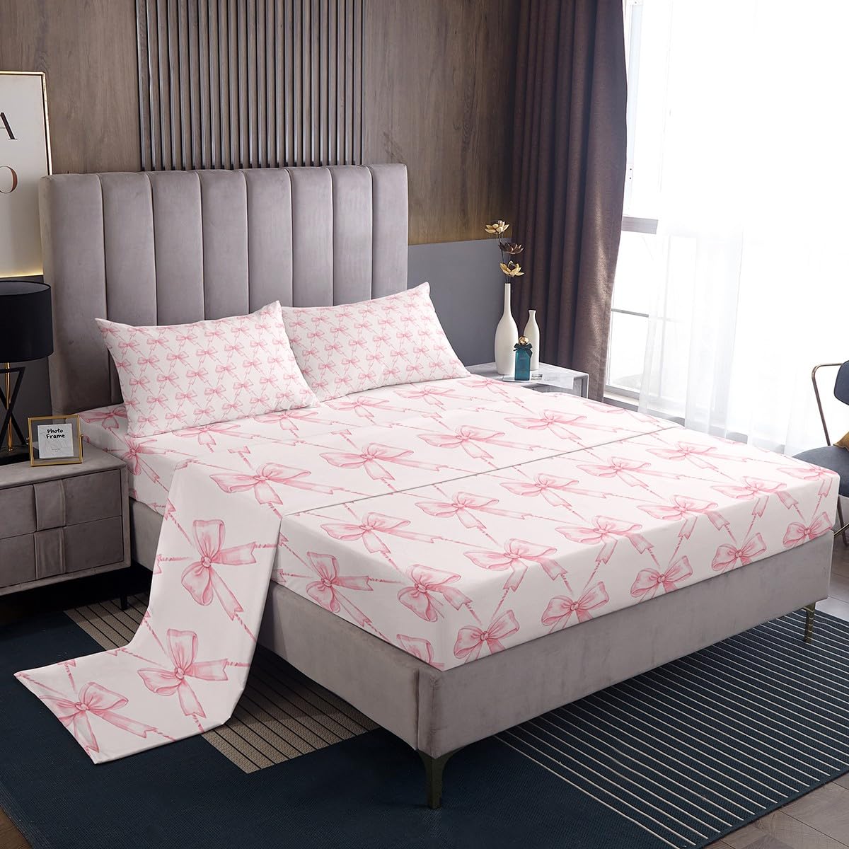 jejeloiu Bow Sheet Set King Size Pink Girls Bow Bed Sheets Set Boys Girls Cute Bowknot Sheets with Deep Pocket Fitted Sheet for Kids Women Men Kawaii Bedding Set