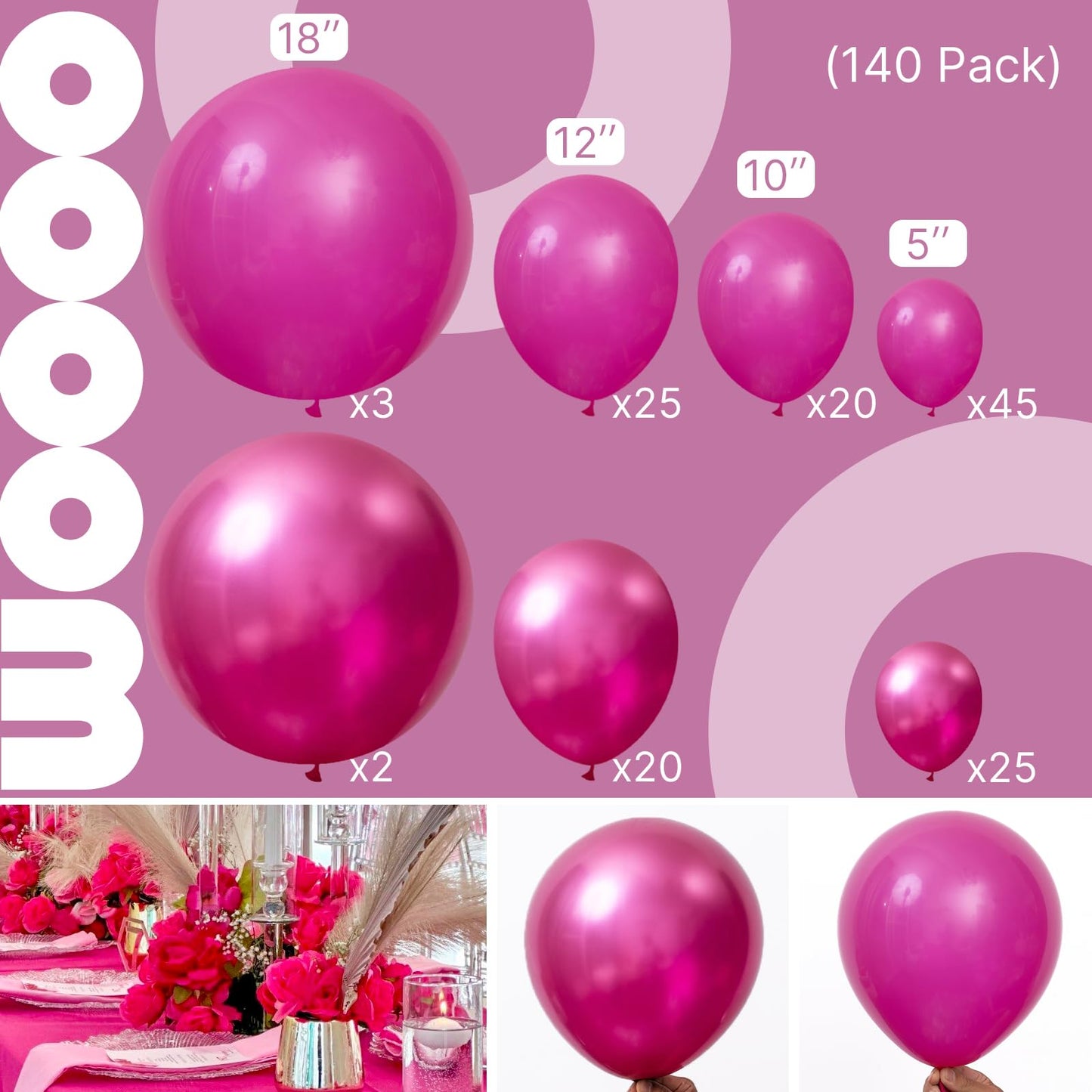 PartyWoo Hot Pink Balloons 140pcs Different Sizes of 18 12 10 5 Inch Metallic Pink Magenta Fuchsia Balloon Arch Kit for Engagement Bachelorette Baby Shower Anniversary Birthday Party Decorations