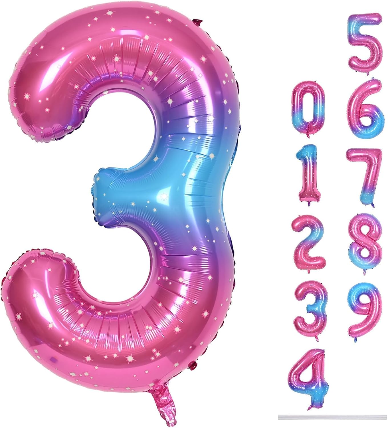 Skiennix 40-Inch Rainbow Number 3 Balloons - Self-Inflating Gradient Blue, Pink & Purple | Perfect for 3rd Birthday Celebrations