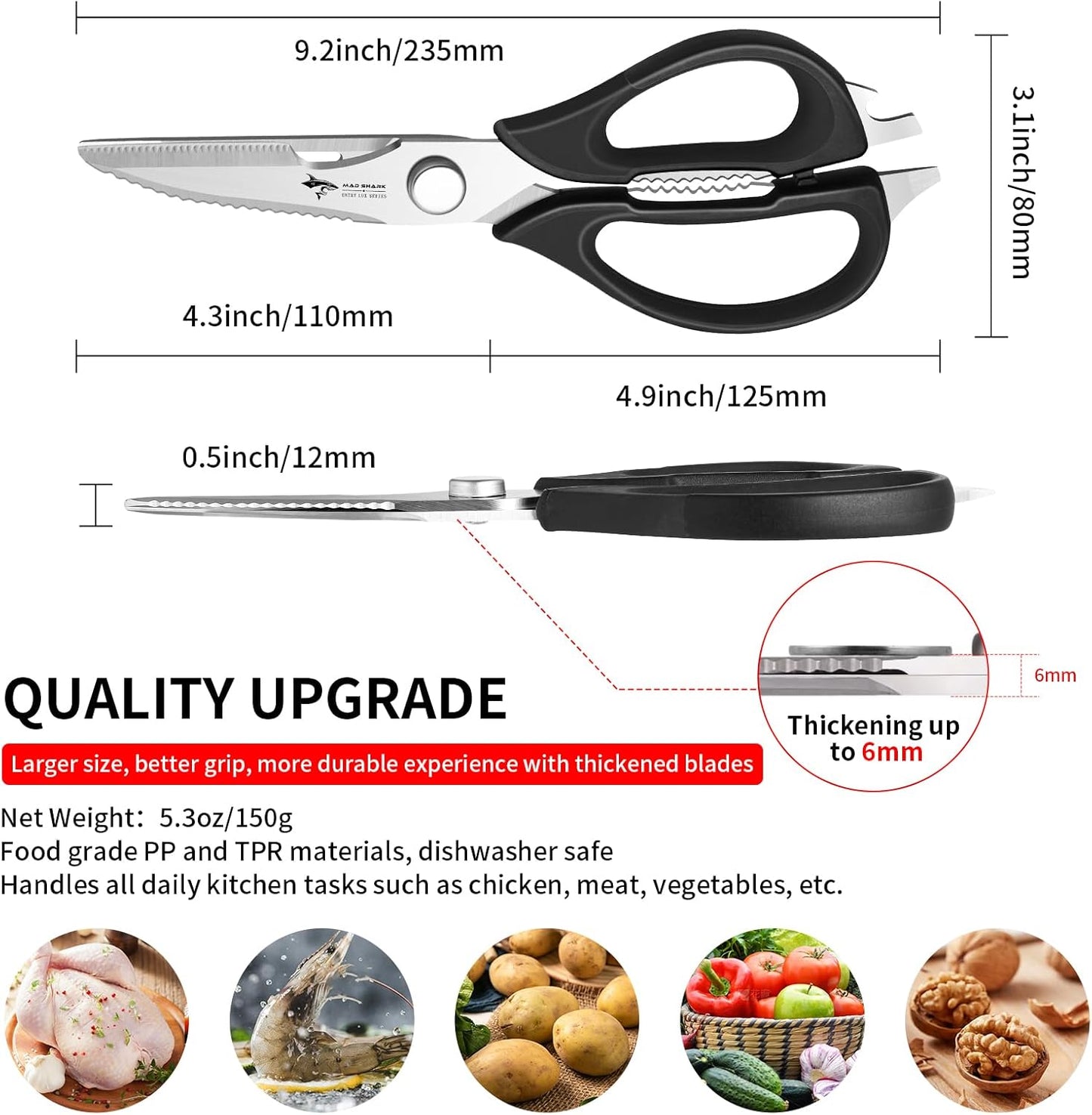 MAD SHARK Kitchen Scissors - Heavy Duty Stainless Steel Utility Shears with Comfort Grip | Black