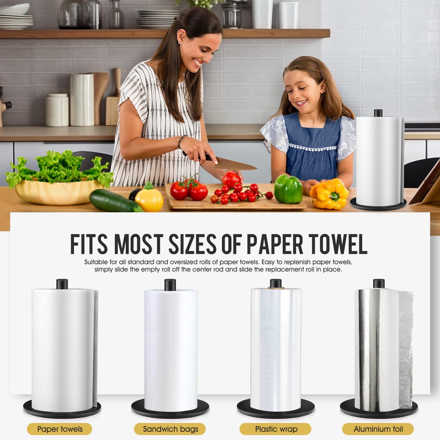 Black Paper Towel Holder, Countertop Paper Towels Holder, Premium Stainless Steel Paper Towel Holder Stand, Non-Slip Kitchen Paper Roll Holders with Weighted Base
