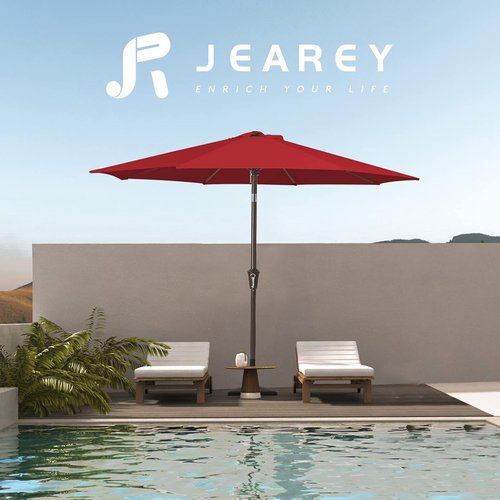 JEAREY 9FT Outdoor Patio Umbrella - Push Button Tilt & Crank | UV Protection, Waterproof, Red