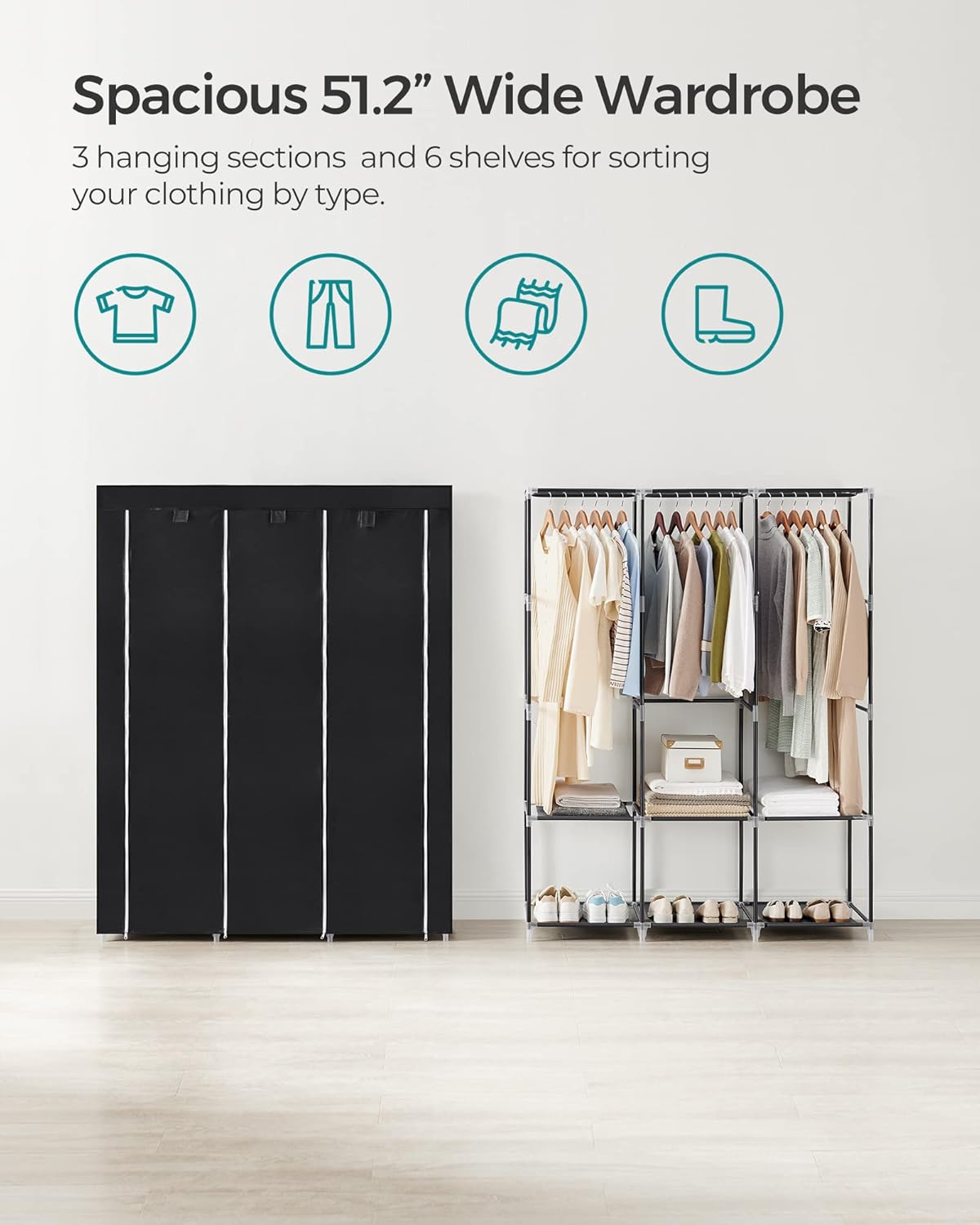SONGMICS Portable Closet - Wardrobe Organizer with Cover, 3 Rods & Shelves, 51.2" x 17.7" x 65.7", Ink Black