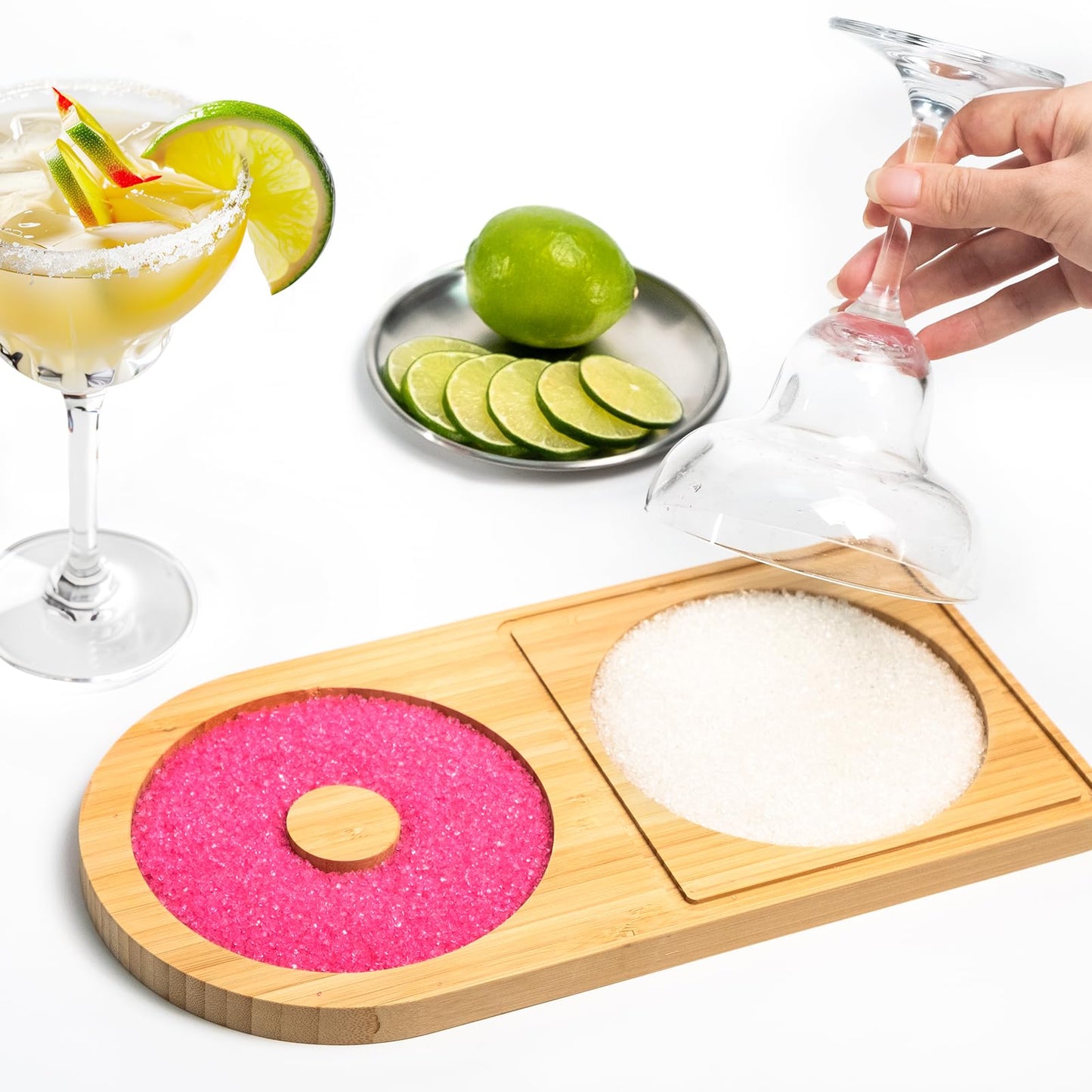 Mugvell Margarita Salt Rimmer Set, Sugar and Salt Rimmer for Cocktails, Bartender Tool with Wood Bamboo Glass Rimmer for up to 5.1" Rims, Essential Margarita Set for Party Bar Celebration