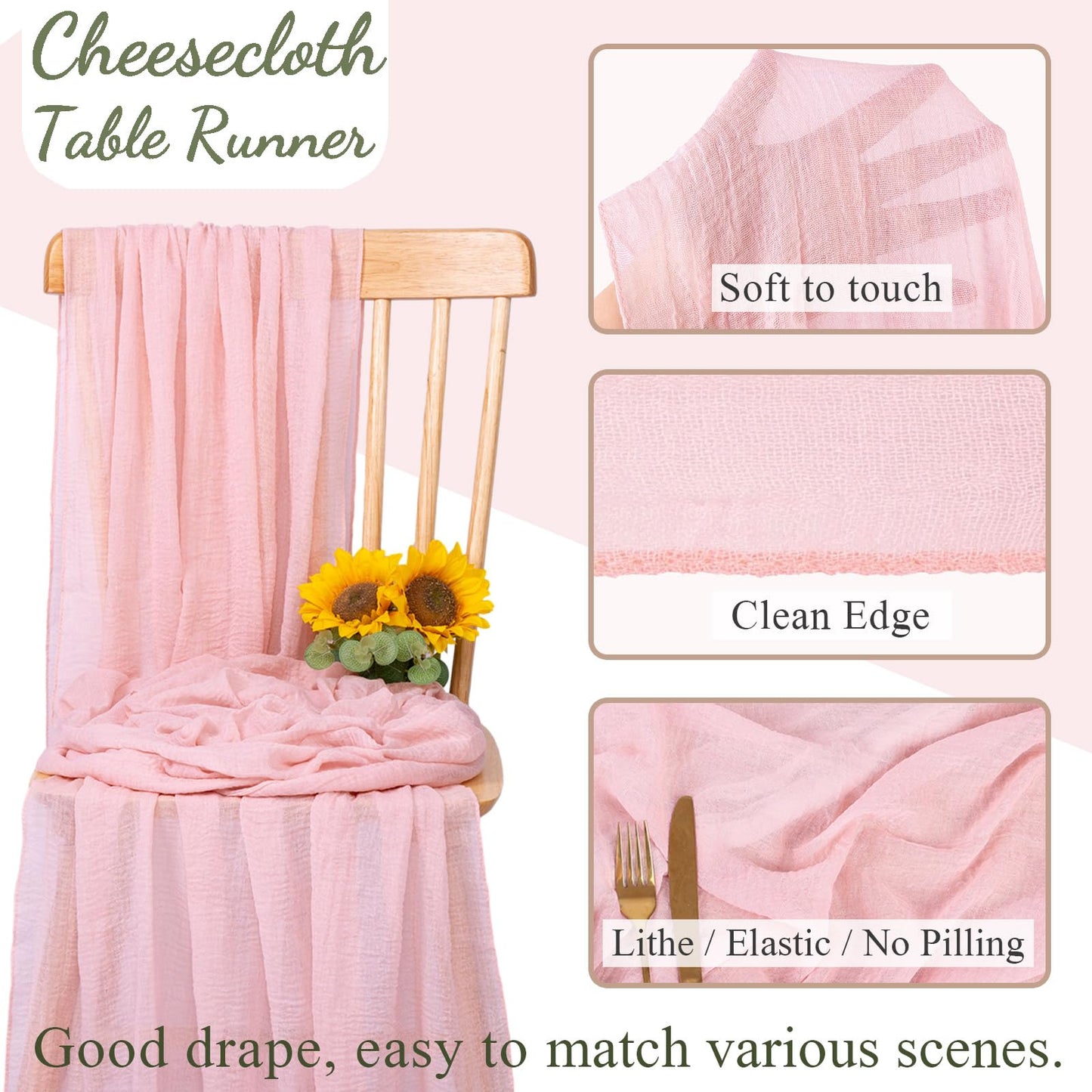 SAJOO Blushing Pink Cheesecloth Table Runner 10ft Gauze Table Runner for Wedding Baby Bridal Shower Party 32x120 Inches Boho Rustic Long Cheese Cloth Spring Home Decorations
