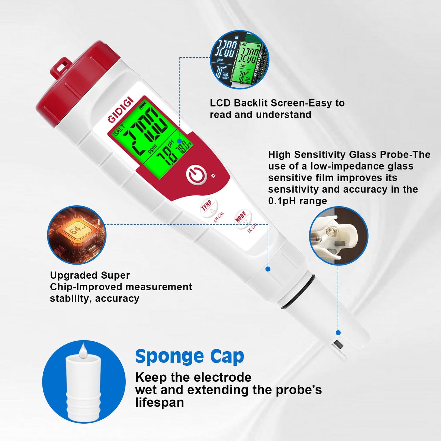 GIDIGI Pool Salt Tester pH Meter New Update Digital pH Tester Salinity Meter with Multiple Parameters Display for Pool Water Quality TDS EC Salt Meter for Saltwater Hot Tub&Spa Inground Pool Aquarium
