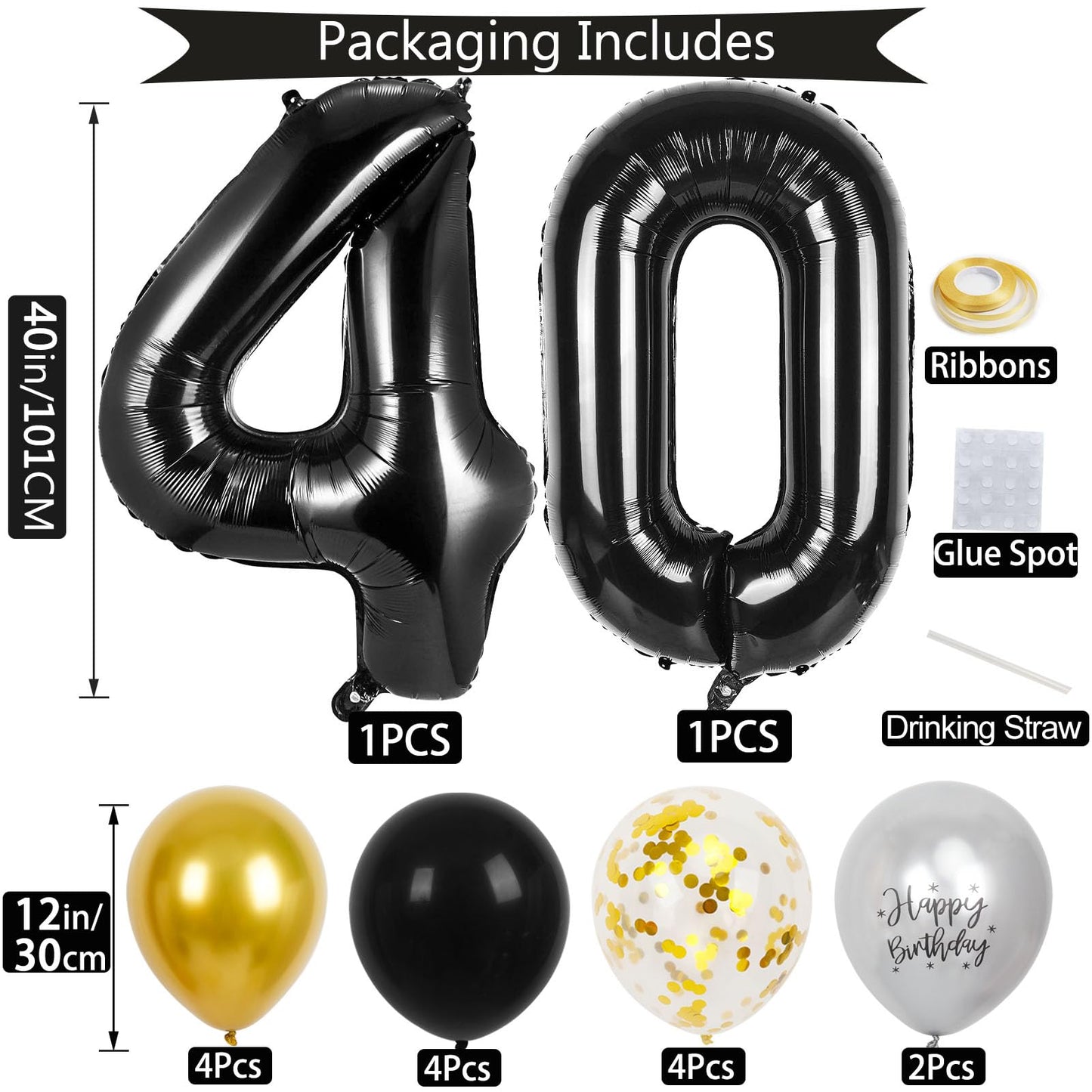 40th Birthday Decorations for Men Women, 40 inch 40 Balloon Numbers, 18 pcs 12 inch 40th Birthday Decoration Balloons for 40th Men Women Birthday Anniversary Party Decoration