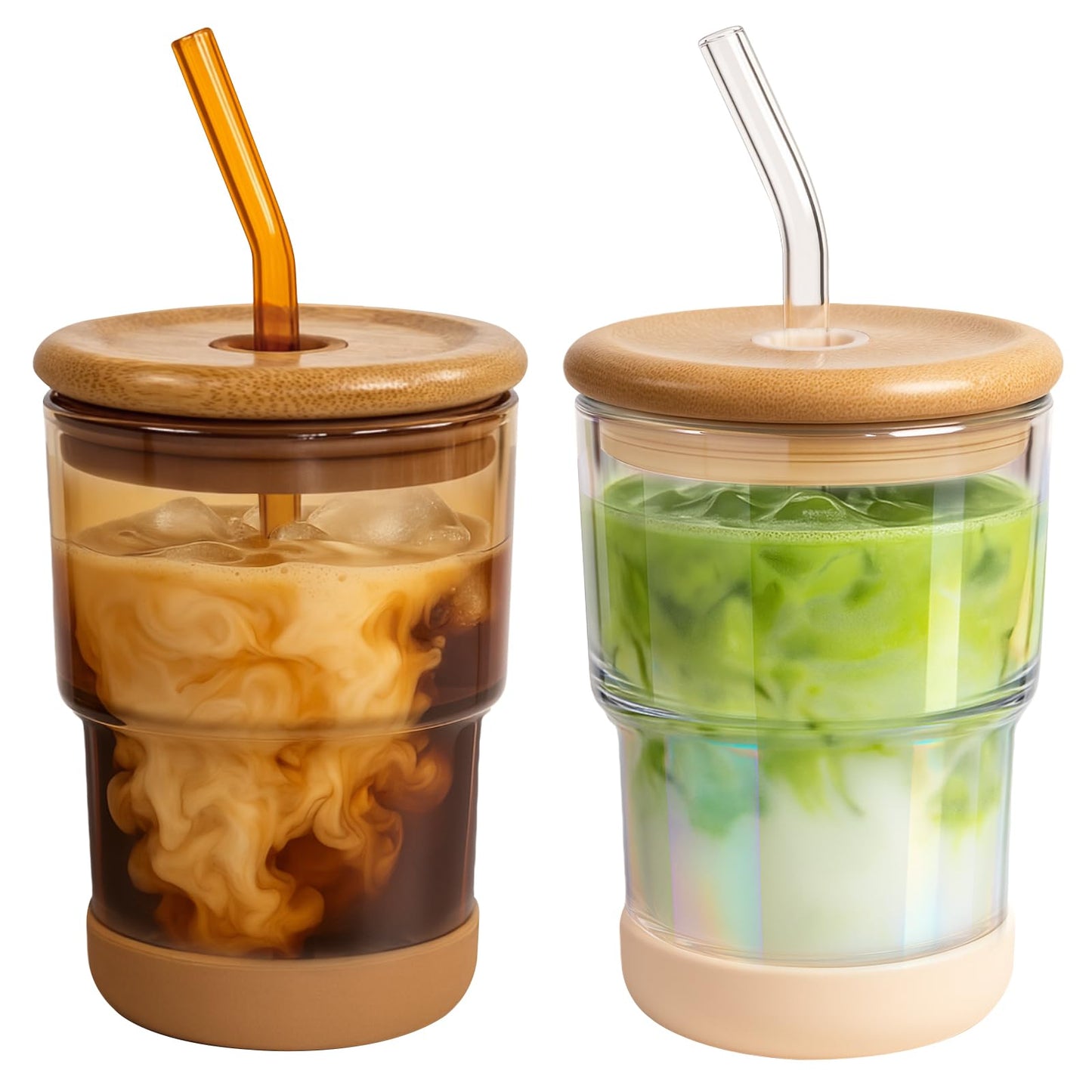 Zukro 13 oz/400ml Glass Cups with Bamboo Lid and Straw, Thick Wall Reusable Glass Tumbler for Iced Coffee, Tea, Matcha, Water Glasses for Home, Office, Non-Slip & BPA Free, Amber & Shrimmer