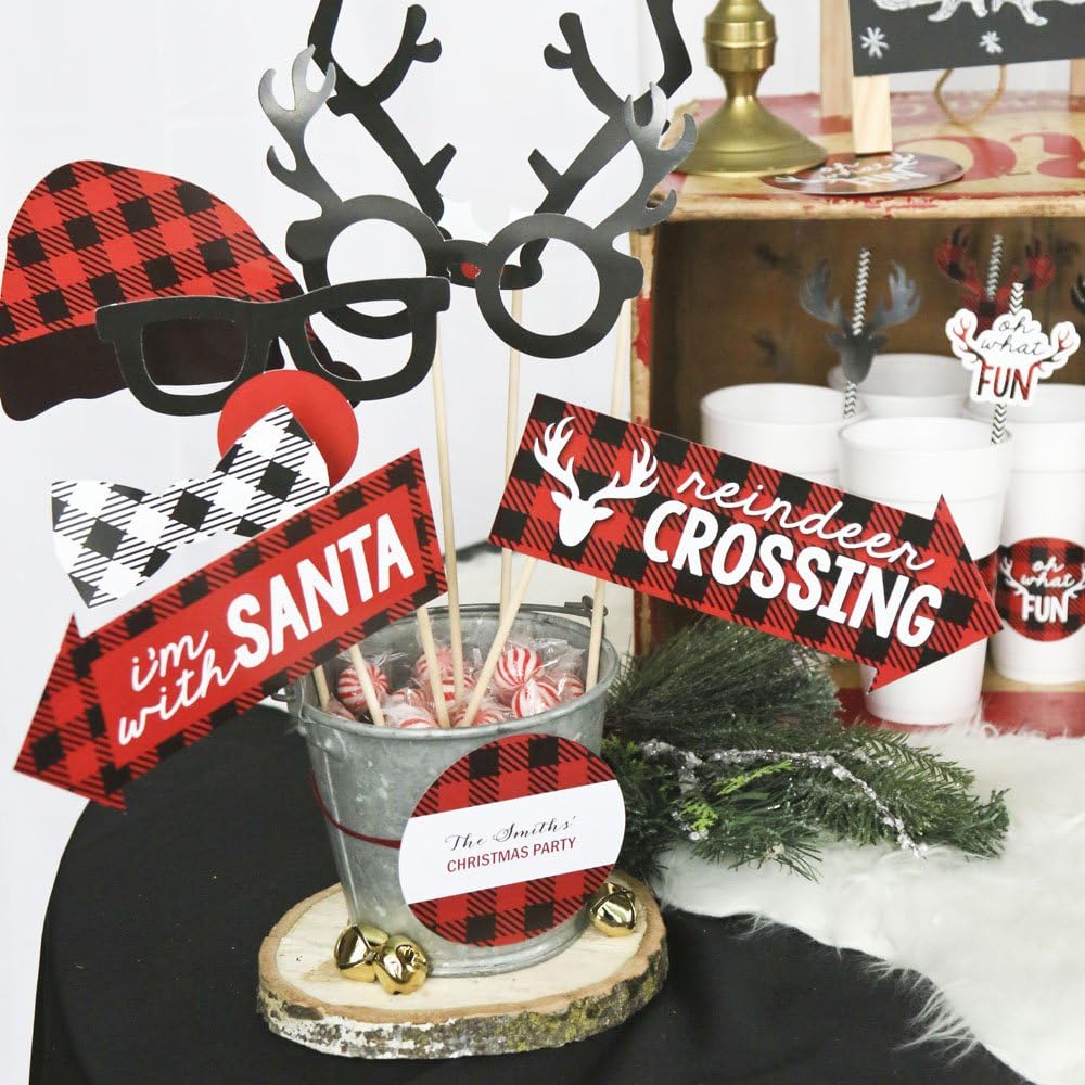 Buffalo Plaid Christmas Photo Booth Props Kit - 20 Count Holiday Decorations