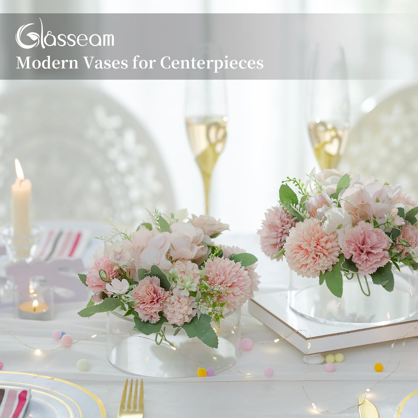 Glasseam Acrylic Flower Vase for Centerpieces: Set of 6 Wedding Party Dining Room Table Decorations, Cylinder Round Clear Vases with 13 Holes (5.9in)