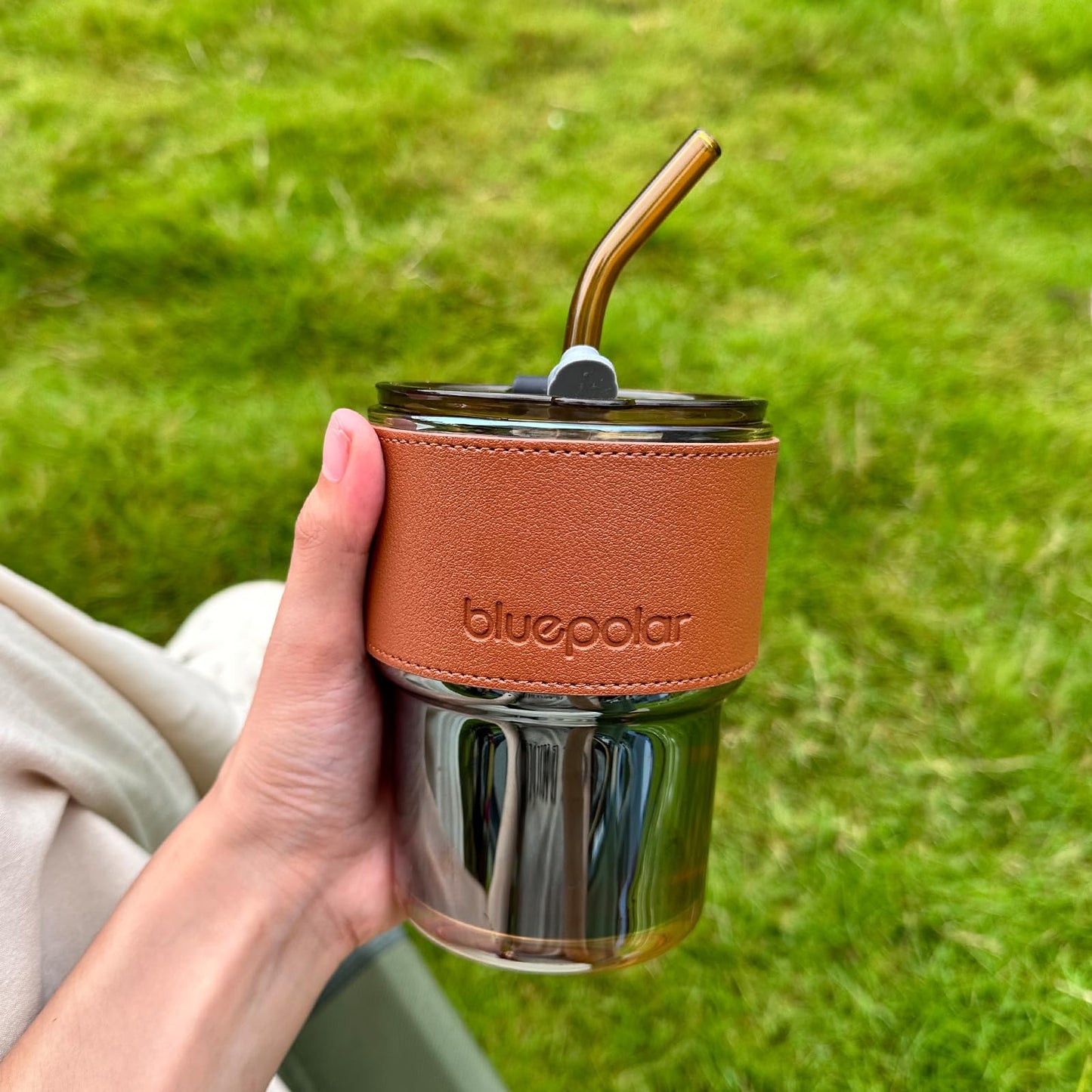 BLUEPOLAR 13oz/400ml Tumbler Water Glass, Cups with Straw and Lid Sealed Carry on for Coffee, Iced Tea, Thick Wall Insulated Glass Cup (Amberwith Protect Sleeve)