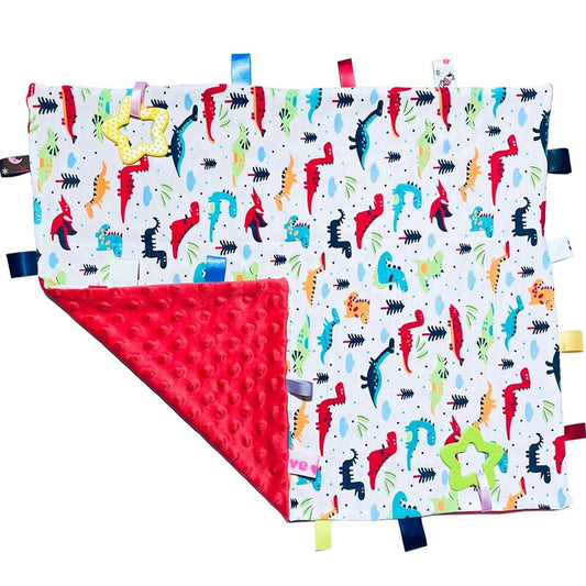 Big Tags Soft Red Dinosaur Blanket for Babies and Toddlers - Cute Security Taggy With Tags, 55x45CM/21.7x17.7INCHES