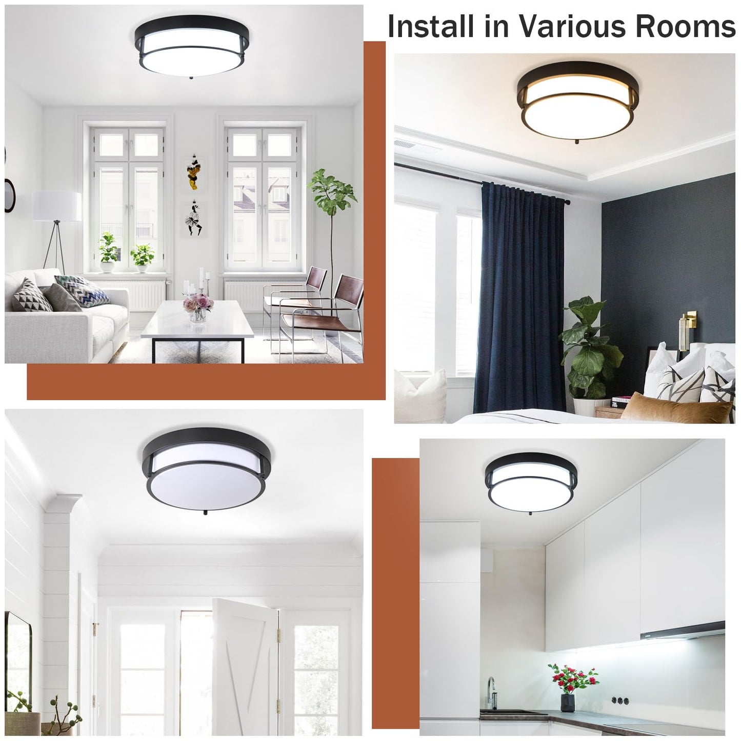 QHANTOMIZE 2 Pack Black Flush Mount Ceiling Light, 12 inch Hallway Light Fixtures, 2-Light Modern Light Fixtures Mount for Kitchen Living Room Bedroom, E26 Socket