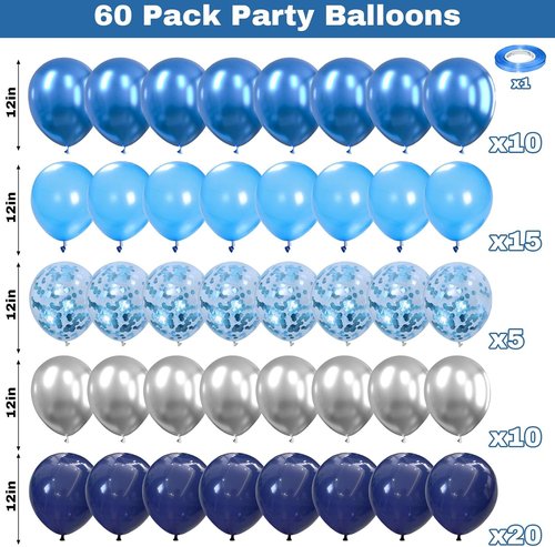 Blue and Silver Balloons by [Brand Name] - 60 Pcs Metallic Confetti Helium Latex for Birthday & Graduation Decor