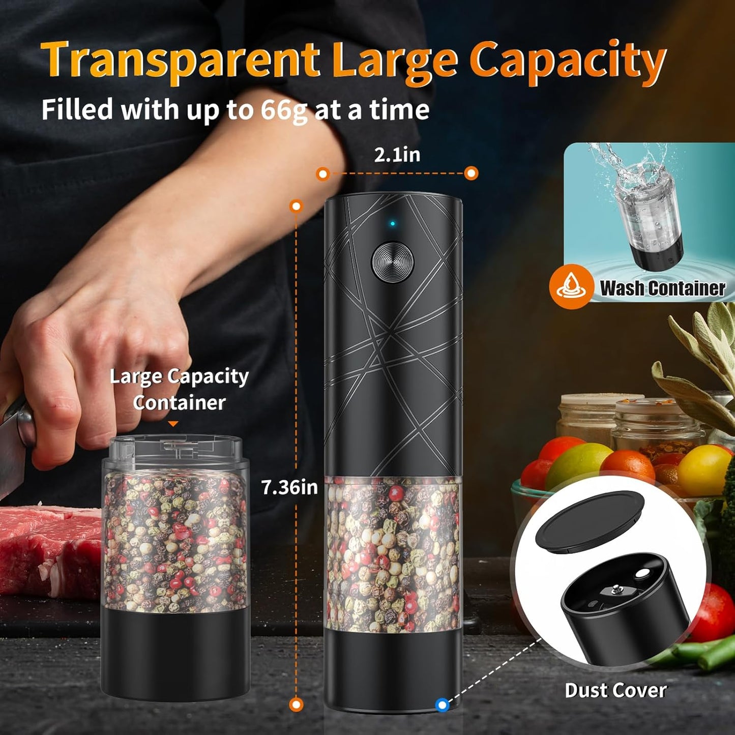 Lidaop Electric Salt and Pepper Grinder Set - USB Rechargeable with LED Light | Adjustable Coarseness, Large Capacity, Black - 2-Pack