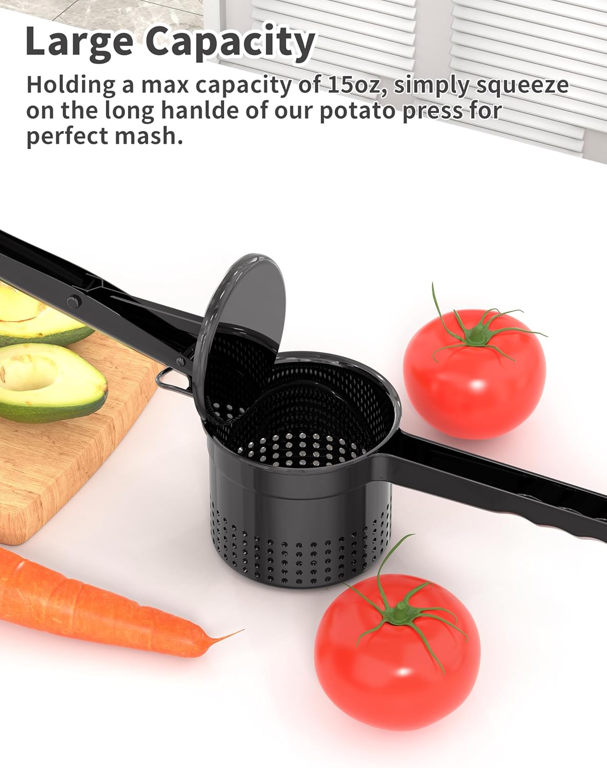 Livilord 15oz Potato Ricer - Heavy Duty Stainless Steel Masher with Ergonomic Handle | Black
