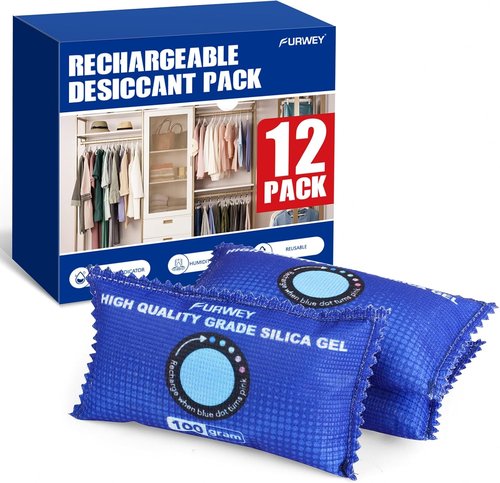FURWEY Rechargeable Desiccant Packs - 12 Pack, 100g Each | Color Indicating Silica Gel Dehumidifiers for Storage & Cars