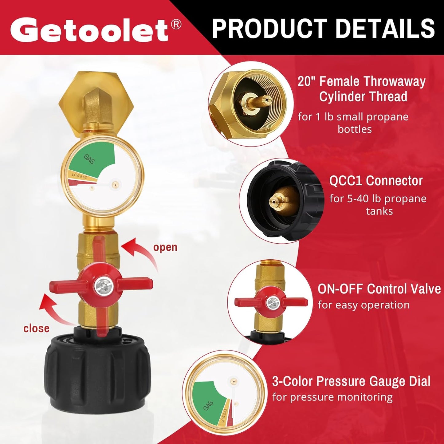 Propane Refill Adapter - Skiennix 1 lb Tank Converter with Valve & Gauge - Brass with 4 Caps