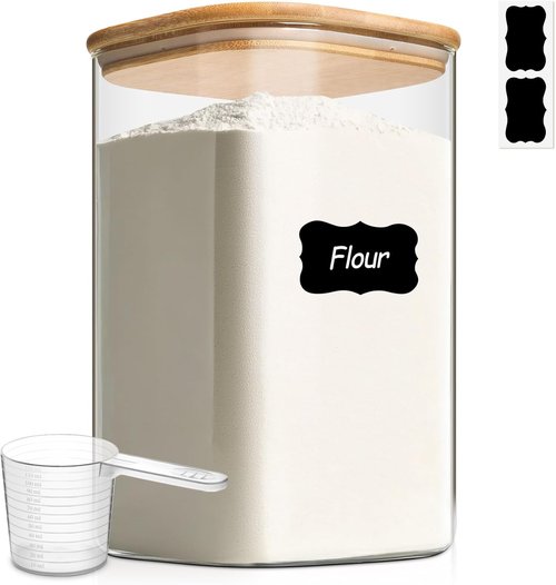 ComSaf Glass Food Storage Containers - 4.6Qt Airtight Large Square Jars with Bamboo Lids for Flour, Sugar, Rice, Pasta, and More