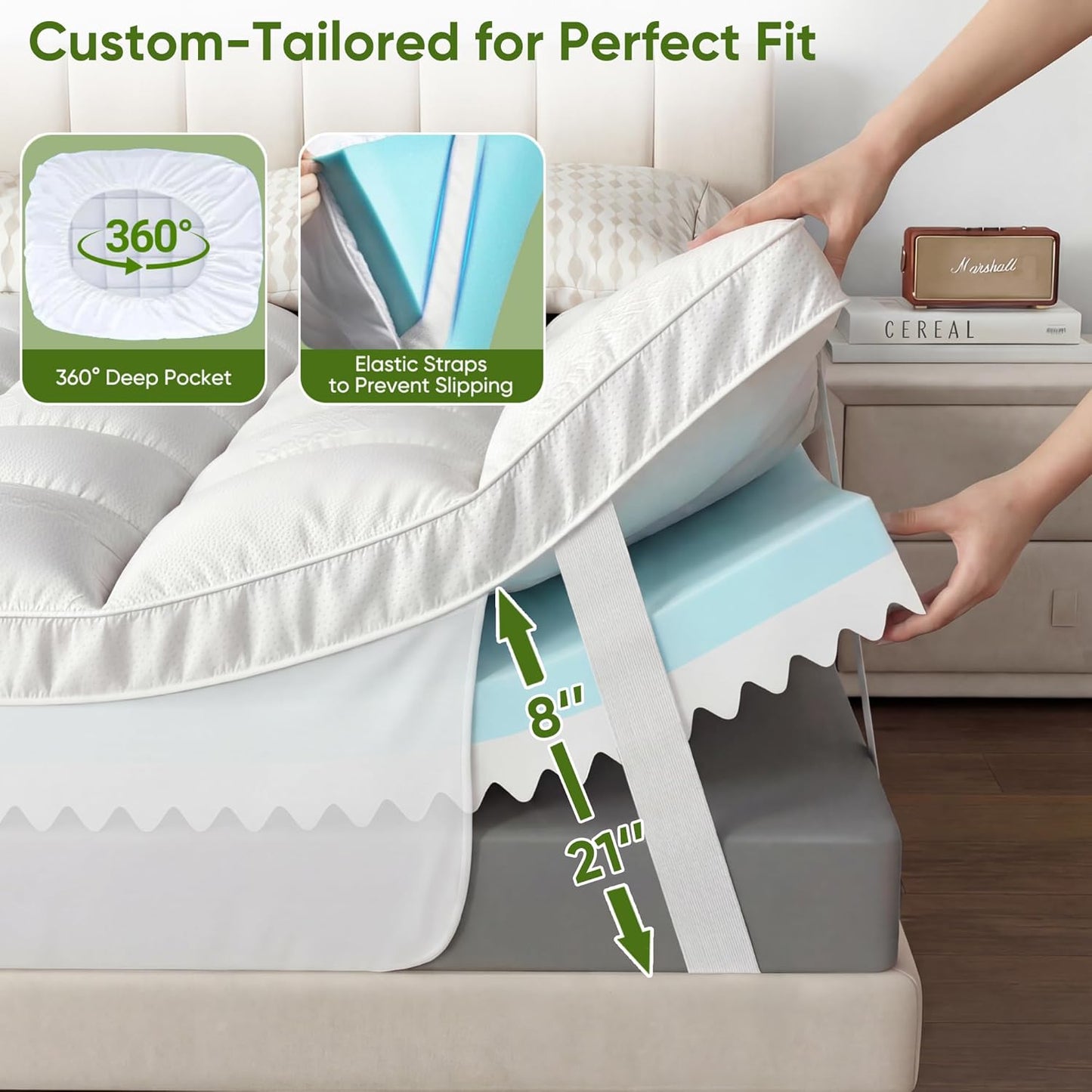 Skiennix Extra Thick Memory Foam Mattress Topper - Dual Layer 2.5" Gel Foam & Bamboo Pillow Top for Back Pain Relief | Queen Size 80x60x5in