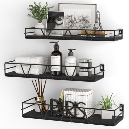 Amaoot Floating Shelves - Set of 3 Wall-Mounted Wood Shelves | Stylish Black Farmhouse Design for Home