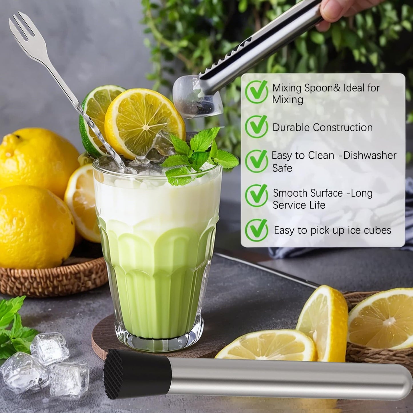 Muddler for Cocktails,10" Bar Spoon & Ice Tongs with Serrated Tip, 3PcsStainless Steel Bar Tools Set for Mojitos, Lemonade, Fruit Drinks, Home PartyBar Accessories