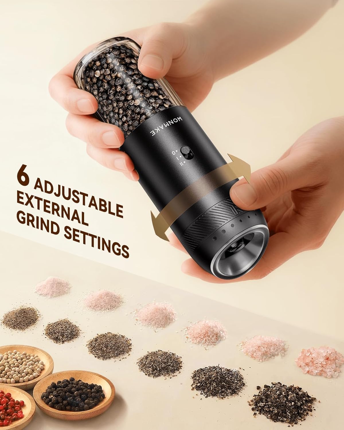 WONMAKE Electric Salt and Pepper Grinder Set - Automatic Mill with 6-Level Coarseness, Dual Speed & 5.95oz Capacity