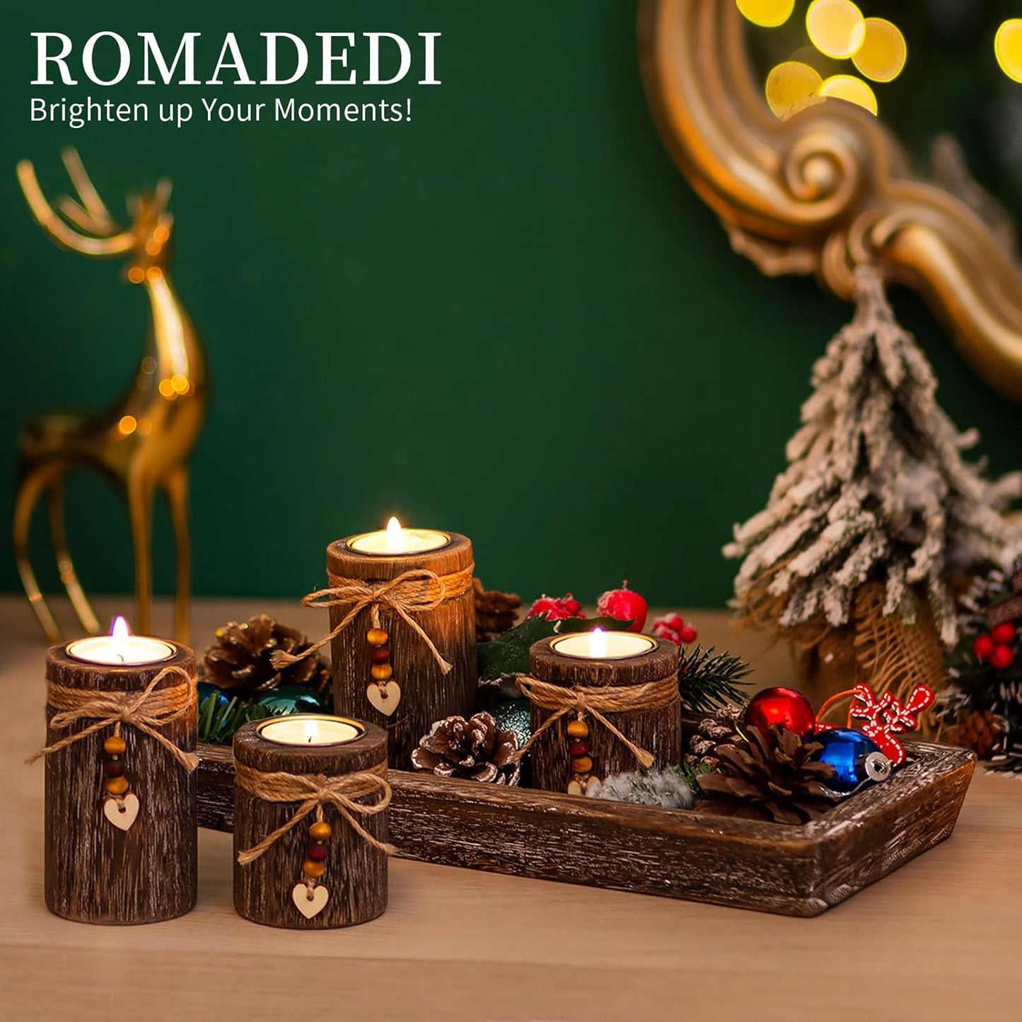 Romadedi Boho Wooden Tray Candle Holder Set - 4 Tealight Holders for Farmhouse Coffee Table Decor