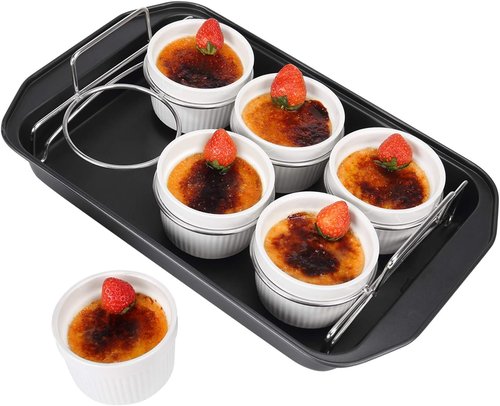 Creme Brulee Making Set - 6 Oz Porcelain Ramekins with Stainless Steel Lifting Rack & 9" X 13" Pan