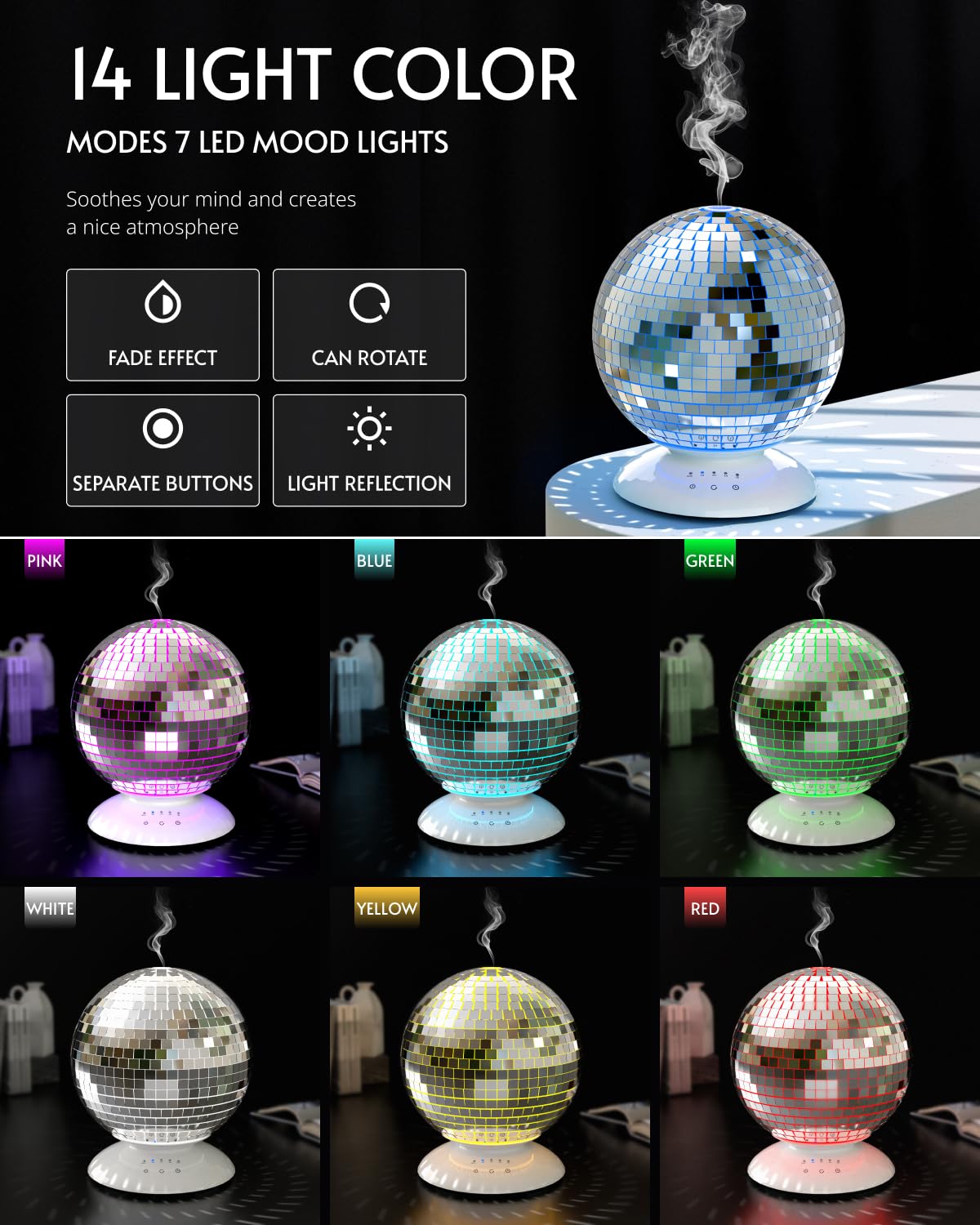 Disco Mirror Ball Diffuser Rotating, 14 Ligth Modes 4 Timer Setting Disco Ball Light Essential Oil Diffuser, Cute Home Disco Ball Decor Great Decoration and Accessories for Disco Party, Room, Office